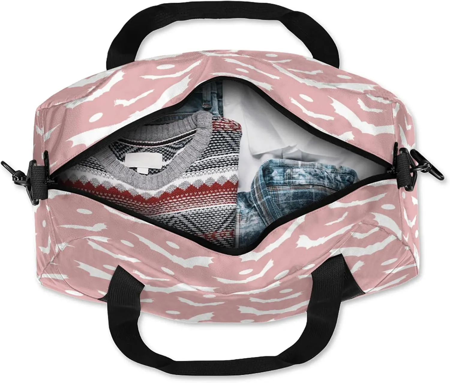 Pink White Bat Pattern Kids Duffel Bag Lightweight Waterproof Sports Gym Bag with Front Zipper Pocket Foldable Weekender Overnight Bag for School Practice Gymnastic Ballet