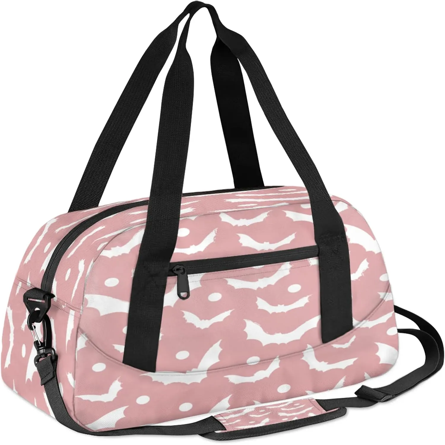 Pink White Bat Pattern Kids Duffel Bag Lightweight Waterproof Sports Gym Bag with Front Zipper Pocket Foldable Weekender Overnight Bag for School Practice Gymnastic Ballet