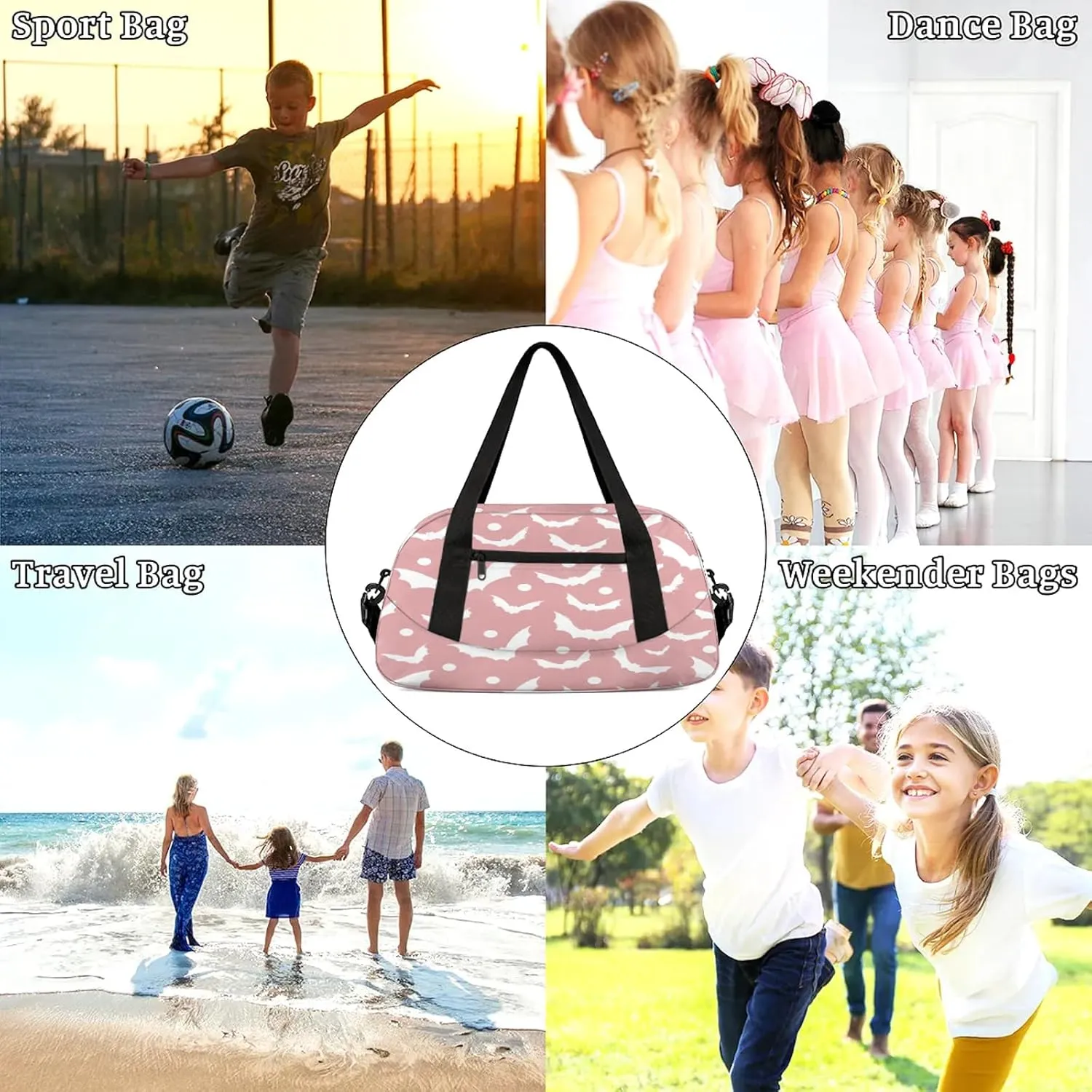 Pink White Bat Pattern Kids Duffel Bag Lightweight Waterproof Sports Gym Bag with Front Zipper Pocket Foldable Weekender Overnight Bag for School Practice Gymnastic Ballet