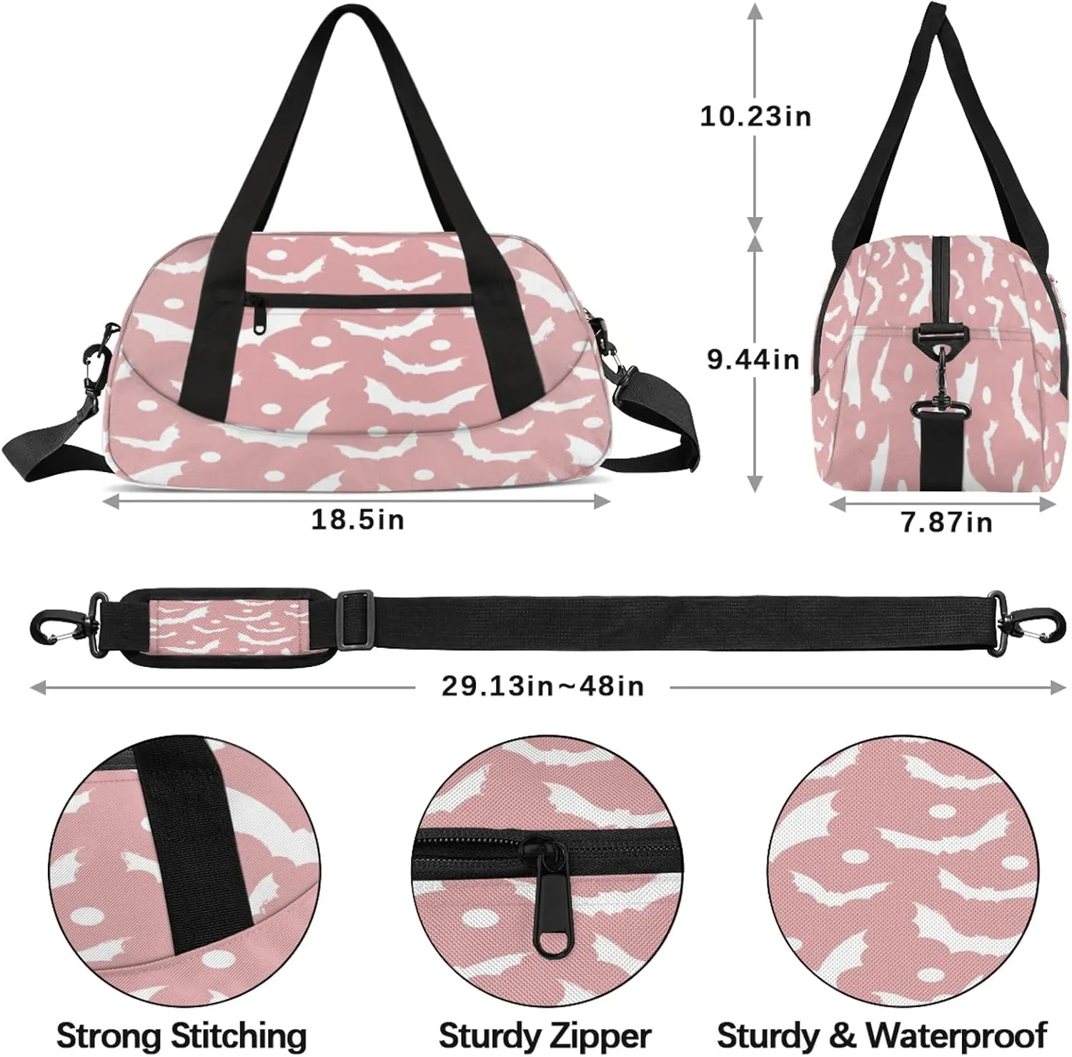 Pink White Bat Pattern Kids Duffel Bag Lightweight Waterproof Sports Gym Bag with Front Zipper Pocket Foldable Weekender Overnight Bag for School Practice Gymnastic Ballet
