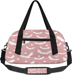 Pink White Bat Pattern Kids Duffel Bag Lightweight Waterproof Sports Gym Bag with Front Zipper Pocket Foldable Weekender Overnight Bag for School Practice Gymnastic Ballet