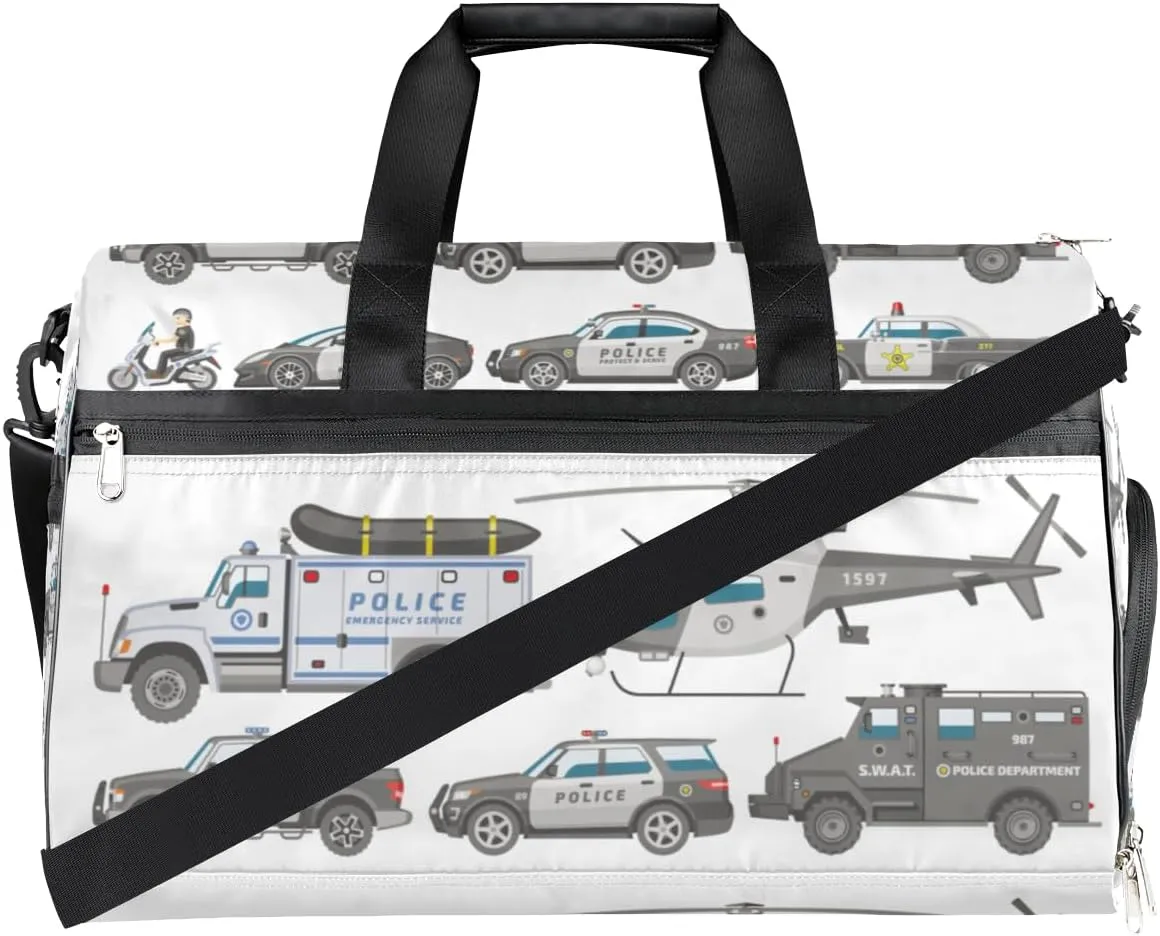 Police Car Dry Wet Depart Duffle Overnight Bag with Shoes Compartment & Wet Pockets, Policeman Motorbike Water Resistant Weekender Travel Gym Pouch For Swim Gymnastics Ballet Sleepovers