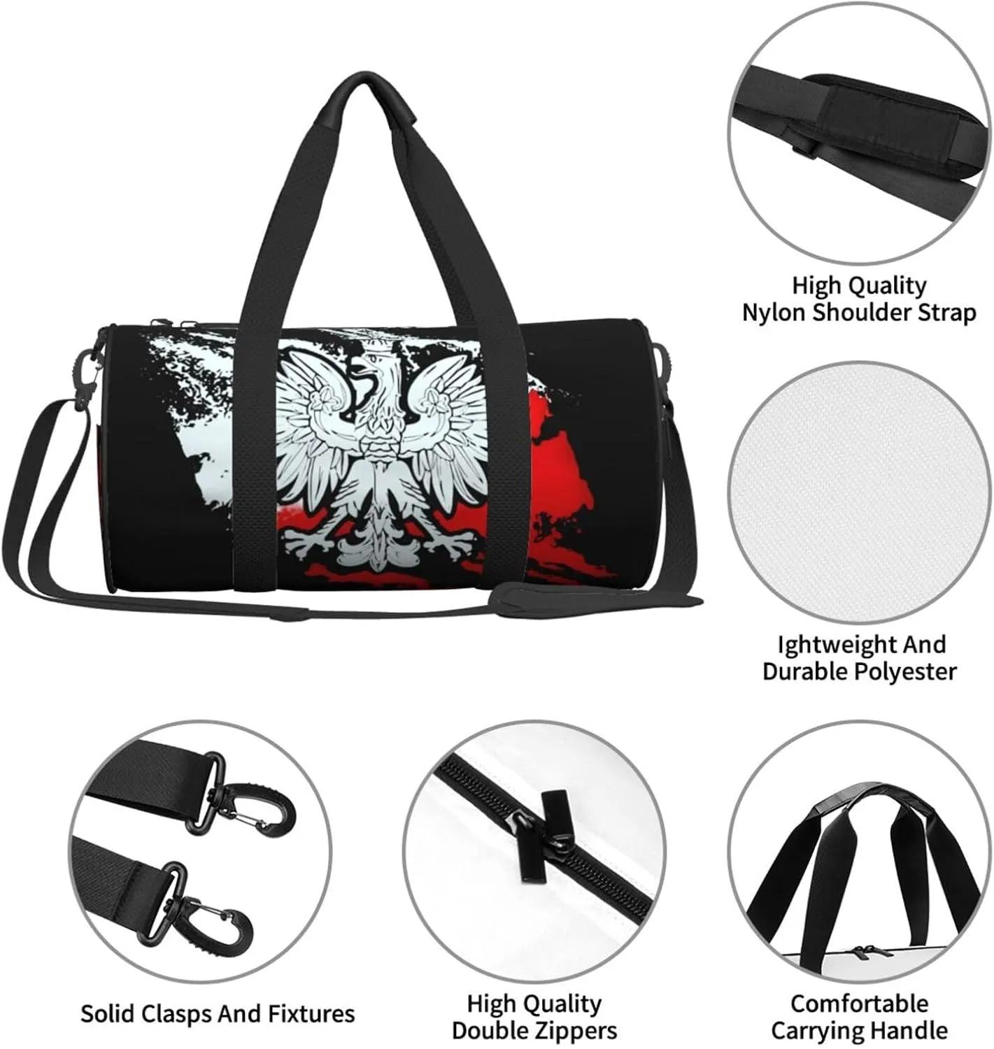 Polish Flag Poland Polska Eagle Round Travel Duffel Bag Large Capacity Gym Sports Bags for Hiking Vacation Trips