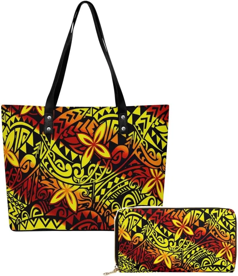 Polynesian Durable High Capacity Women'S PU Shoulder Bag Custom Samoan Tribal Women'S Purse And Handbag