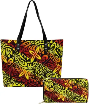 Polynesian Durable High Capacity Women'S PU Shoulder Bag Custom Samoan Tribal Women'S Purse And Handbag