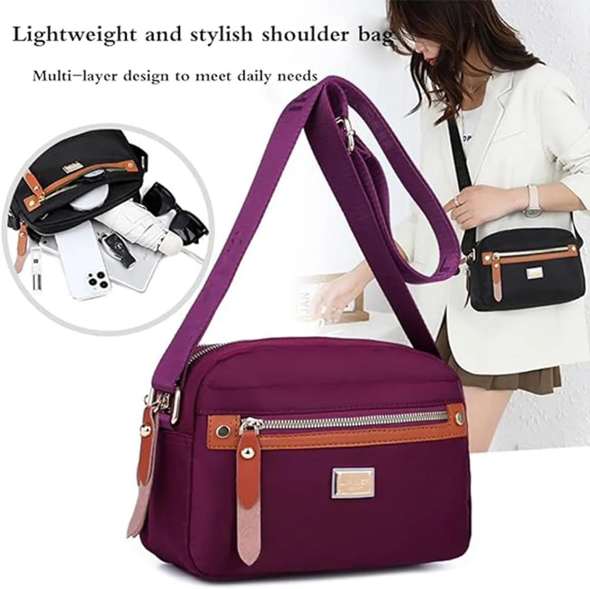 Popularate Nylon Crossbody Bag, Waterproof Fashion Women's Nylon Crossbody Bag with Zipper