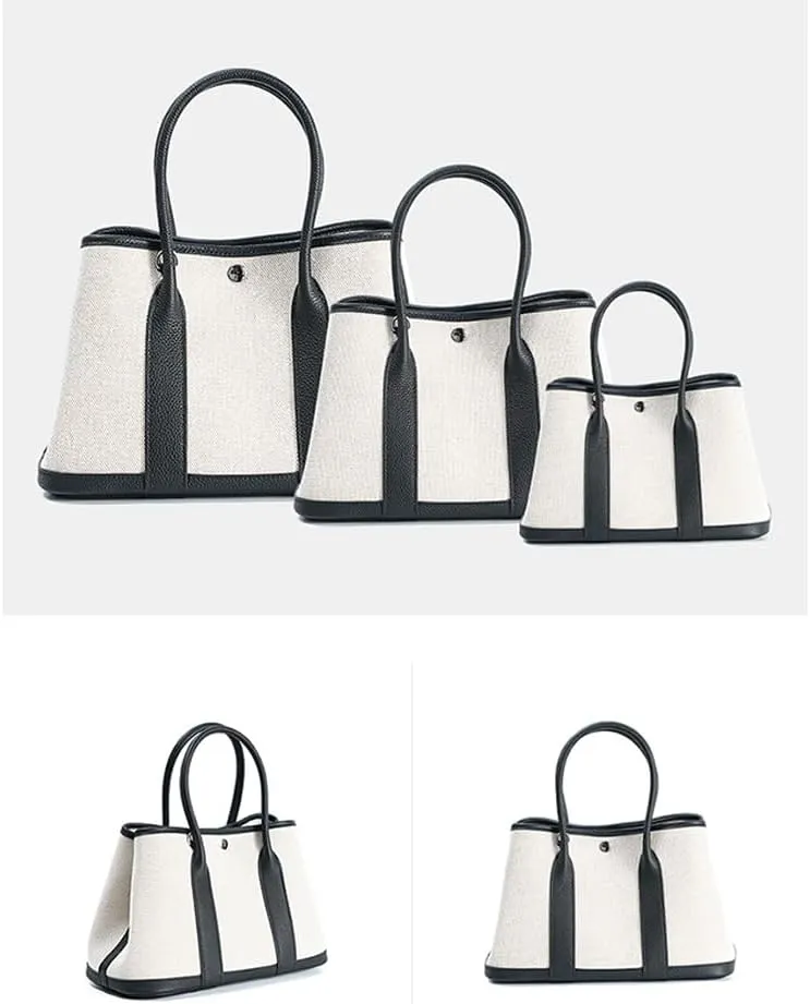 Portable Cowhide tote for women,Women's Bag Garden,Canvas With Top Layer Cowhide Countercolor Shoulder Tote Bag