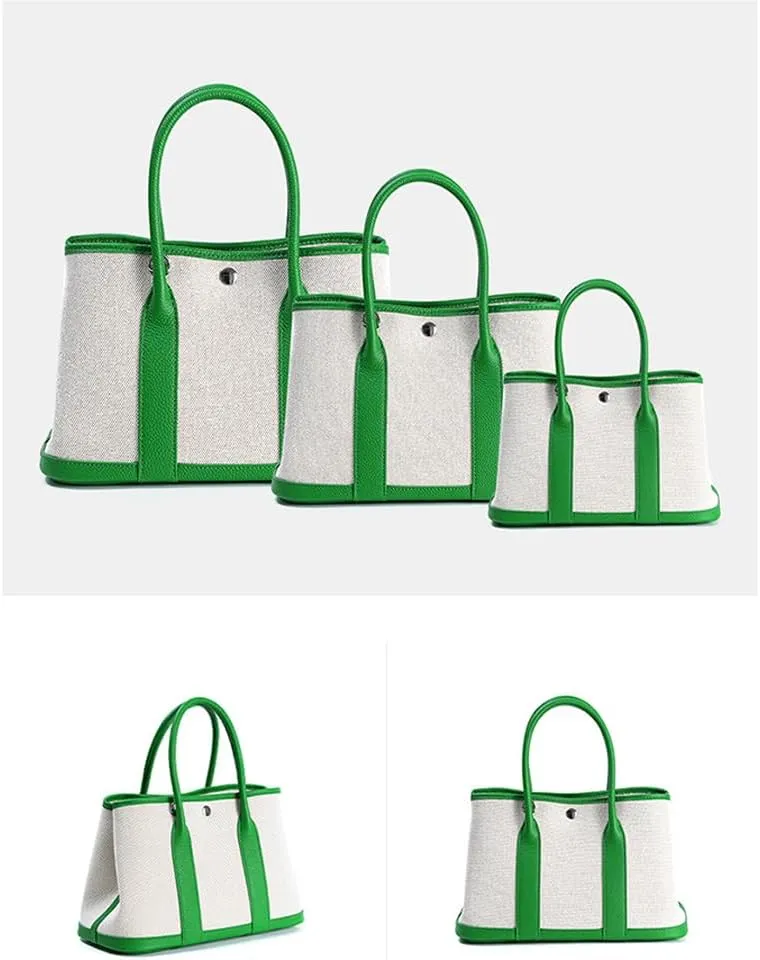 Portable Cowhide tote for women,Women's Bag Garden,Canvas With Top Layer Cowhide Countercolor Shoulder Tote Bag