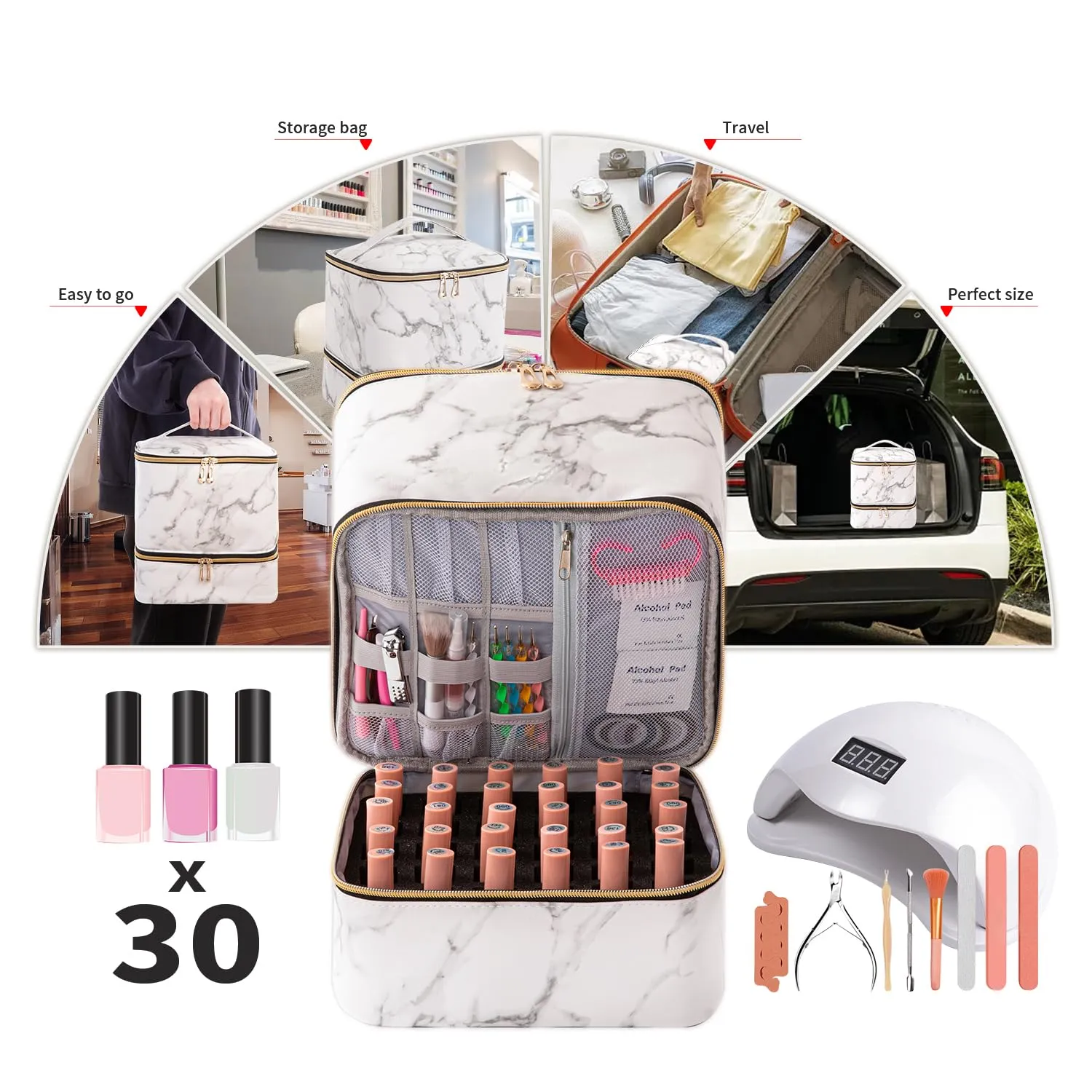 Portable Nail Polish Storage Bag with UV Light Case - Holds 30 Bottles and 1 UV LED Nail Lamp, Double-Layers Nail Dryer Case for Gel Nail Polish Kit, Nail Art Decorations (White)