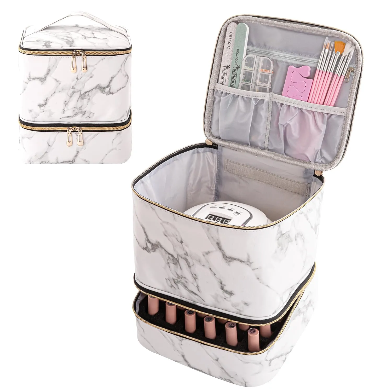 Portable Nail Polish Storage Bag with UV Light Case - Holds 30 Bottles and 1 UV LED Nail Lamp, Double-Layers Nail Dryer Case for Gel Nail Polish Kit, Nail Art Decorations (White)