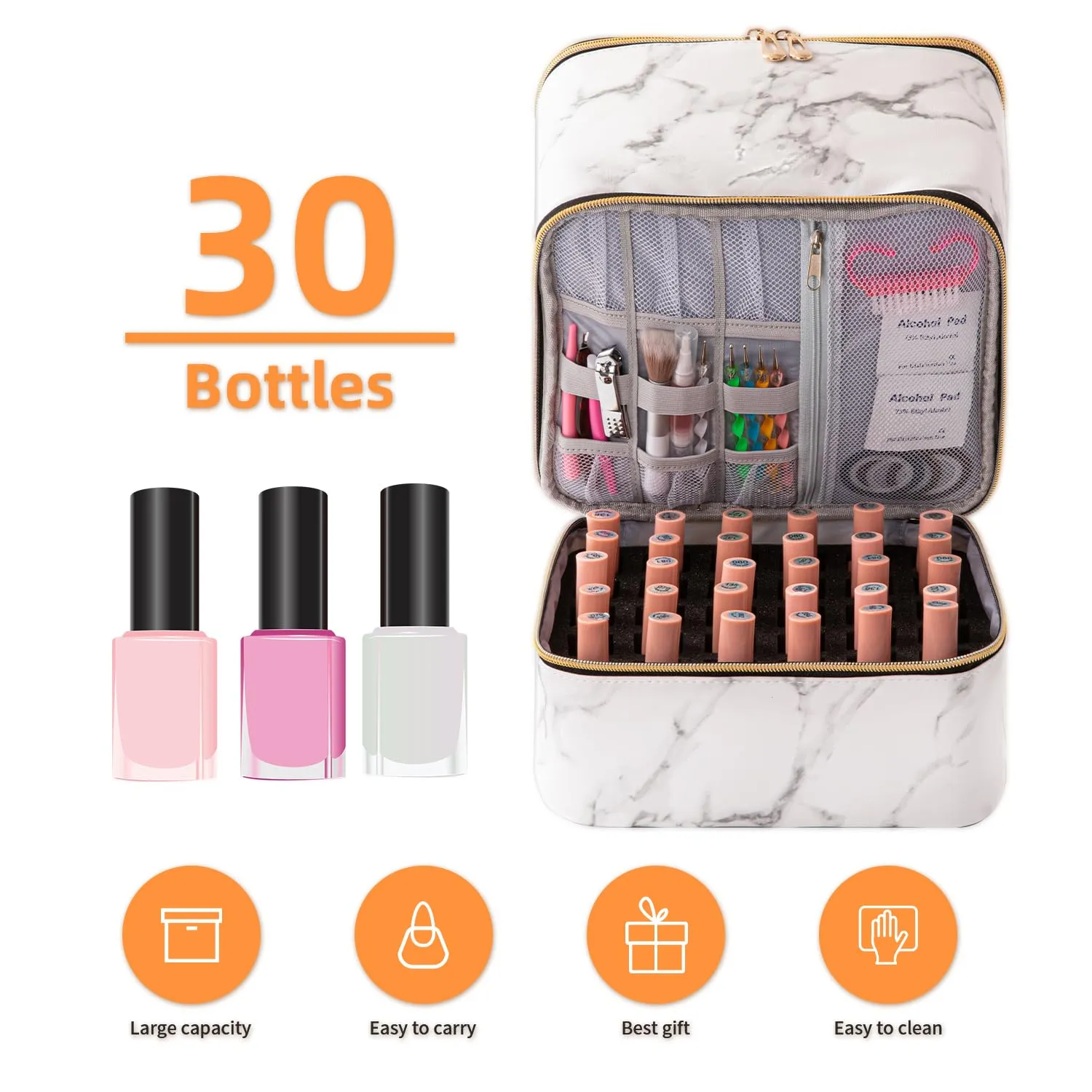 Portable Nail Polish Storage Bag with UV Light Case - Holds 30 Bottles and 1 UV LED Nail Lamp, Double-Layers Nail Dryer Case for Gel Nail Polish Kit, Nail Art Decorations (White)