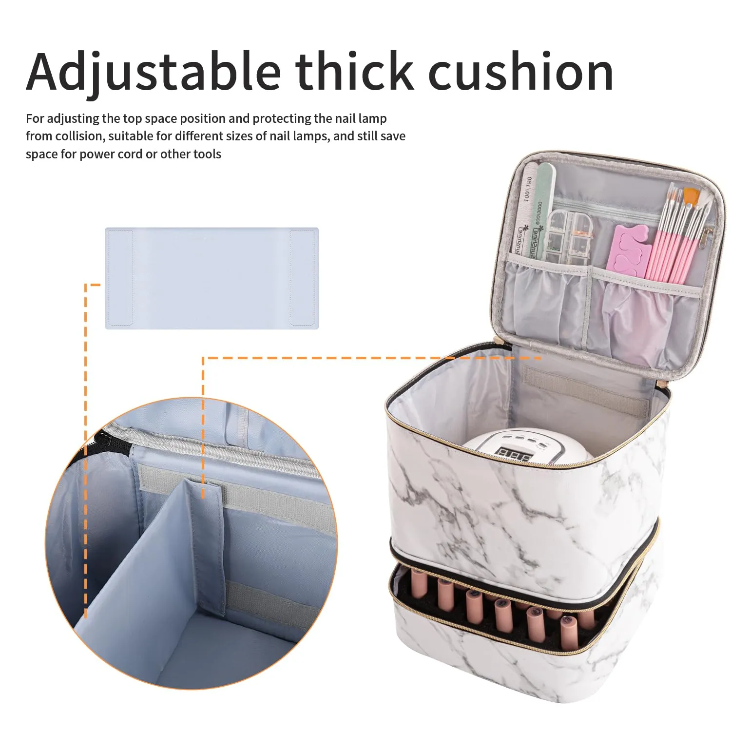 Portable Nail Polish Storage Bag with UV Light Case - Holds 30 Bottles and 1 UV LED Nail Lamp, Double-Layers Nail Dryer Case for Gel Nail Polish Kit, Nail Art Decorations (White)