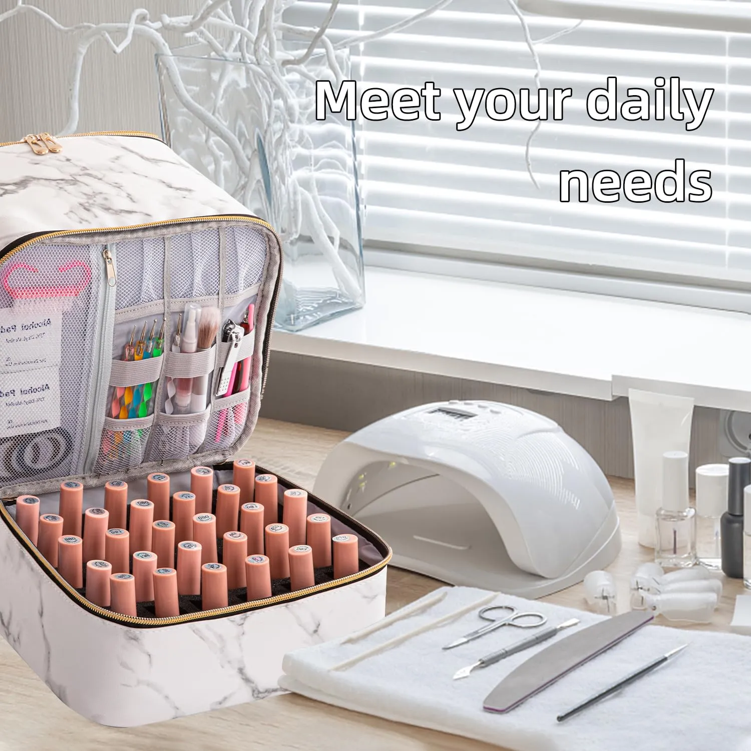 Portable Nail Polish Storage Bag with UV Light Case - Holds 30 Bottles and 1 UV LED Nail Lamp, Double-Layers Nail Dryer Case for Gel Nail Polish Kit, Nail Art Decorations (White)