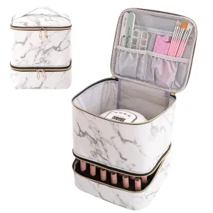 Portable Nail Polish Storage Bag with UV Light Case - Holds 30 Bottles and 1 UV LED Nail Lamp, Double-Layers Nail Dryer Case for Gel Nail Polish Kit, Nail Art Decorations (White)
