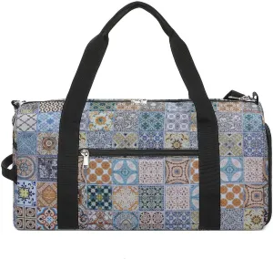 Portugal-ceramic-tiles-patterns Sports Tote Gym Bag for Women Men, Overnight Bag with Shoe Compartment Water Resistant