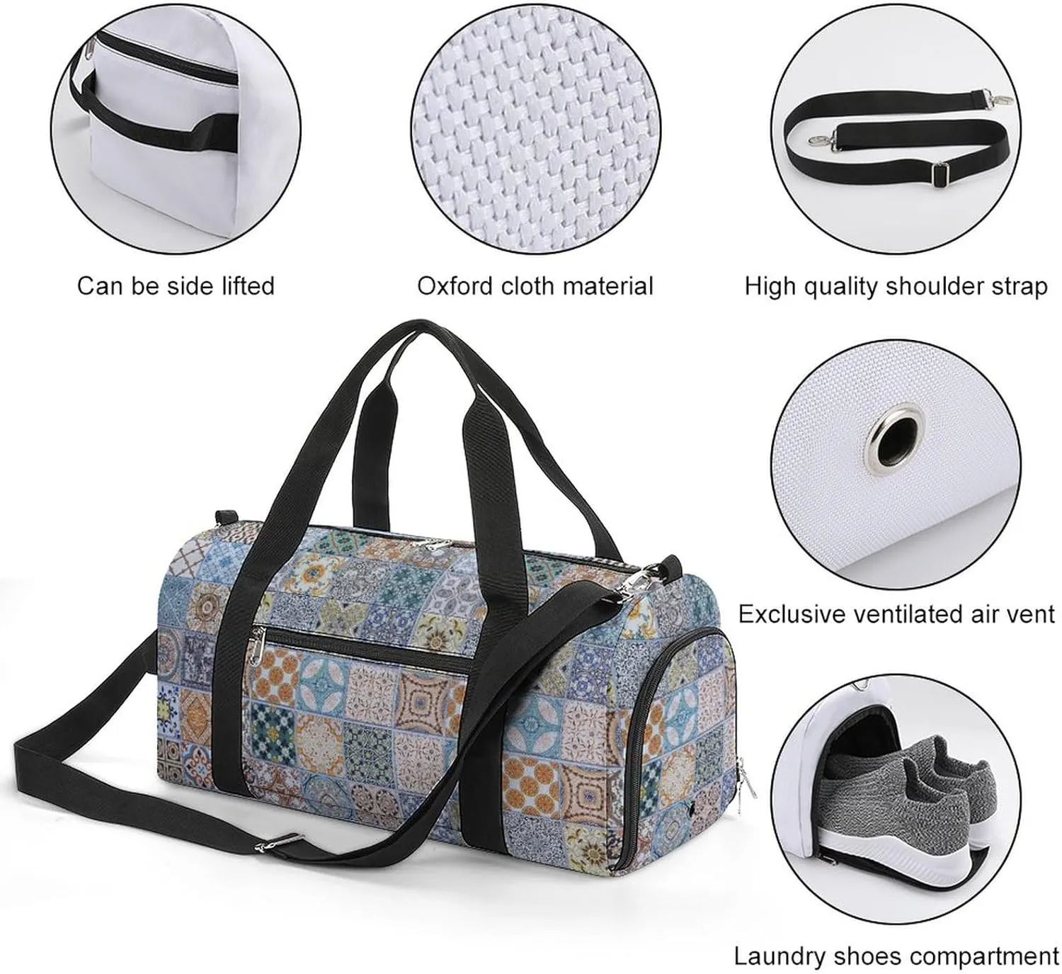 Portugal-ceramic-tiles-patterns Sports Tote Gym Bag for Women Men, Overnight Bag with Shoe Compartment Water Resistant