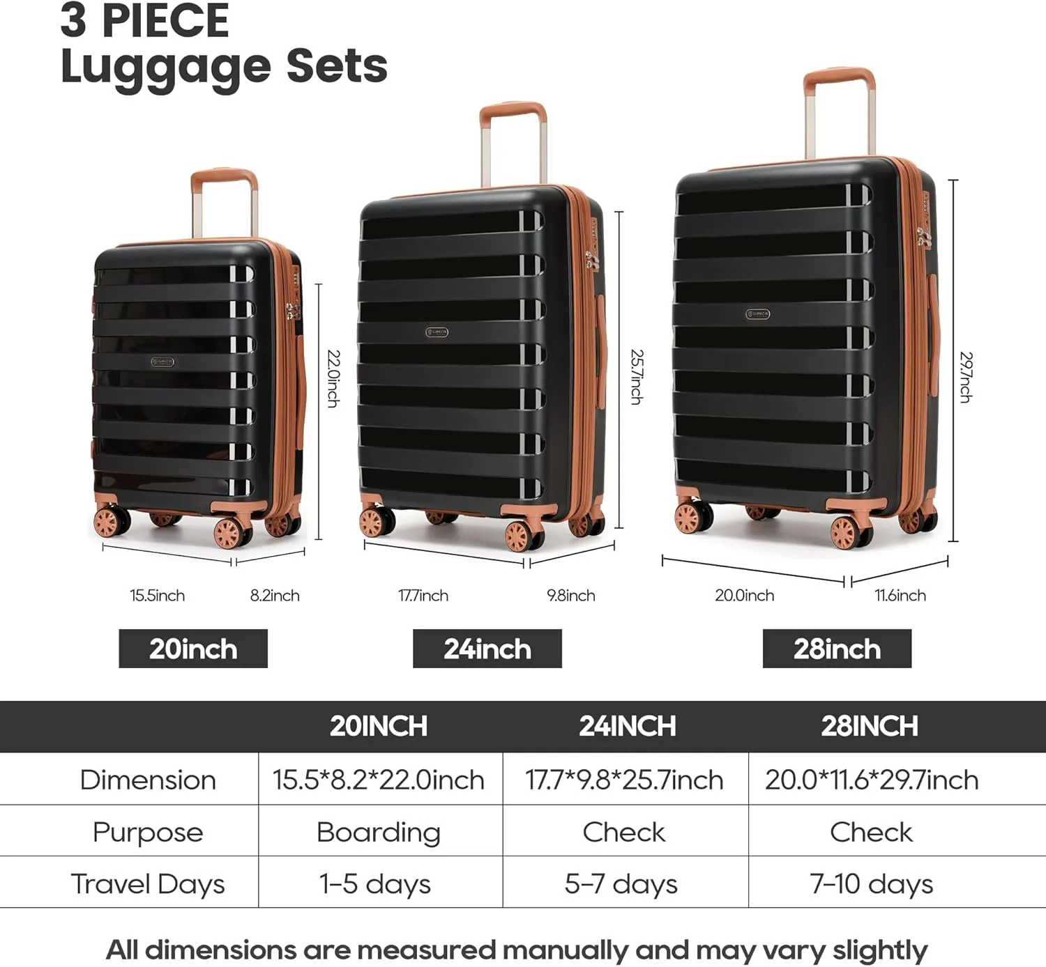 PP material 3-piece expandable luggage sets with Spinner Wheels， Suitcase with TSA Lock，Large Luggage for Family Travel carry on 20/24/28 ，Black & Brown