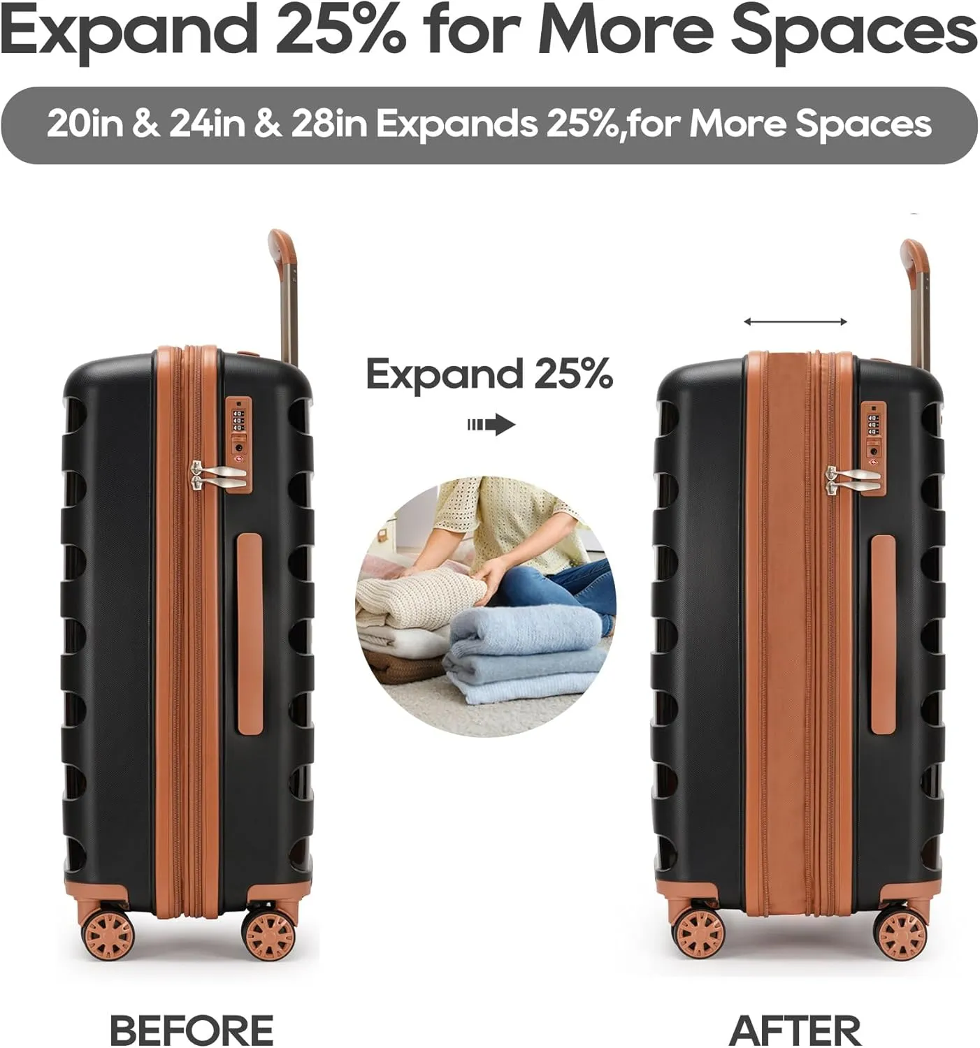 PP material 3-piece expandable luggage sets with Spinner Wheels， Suitcase with TSA Lock，Large Luggage for Family Travel carry on 20/24/28 ，Black & Brown