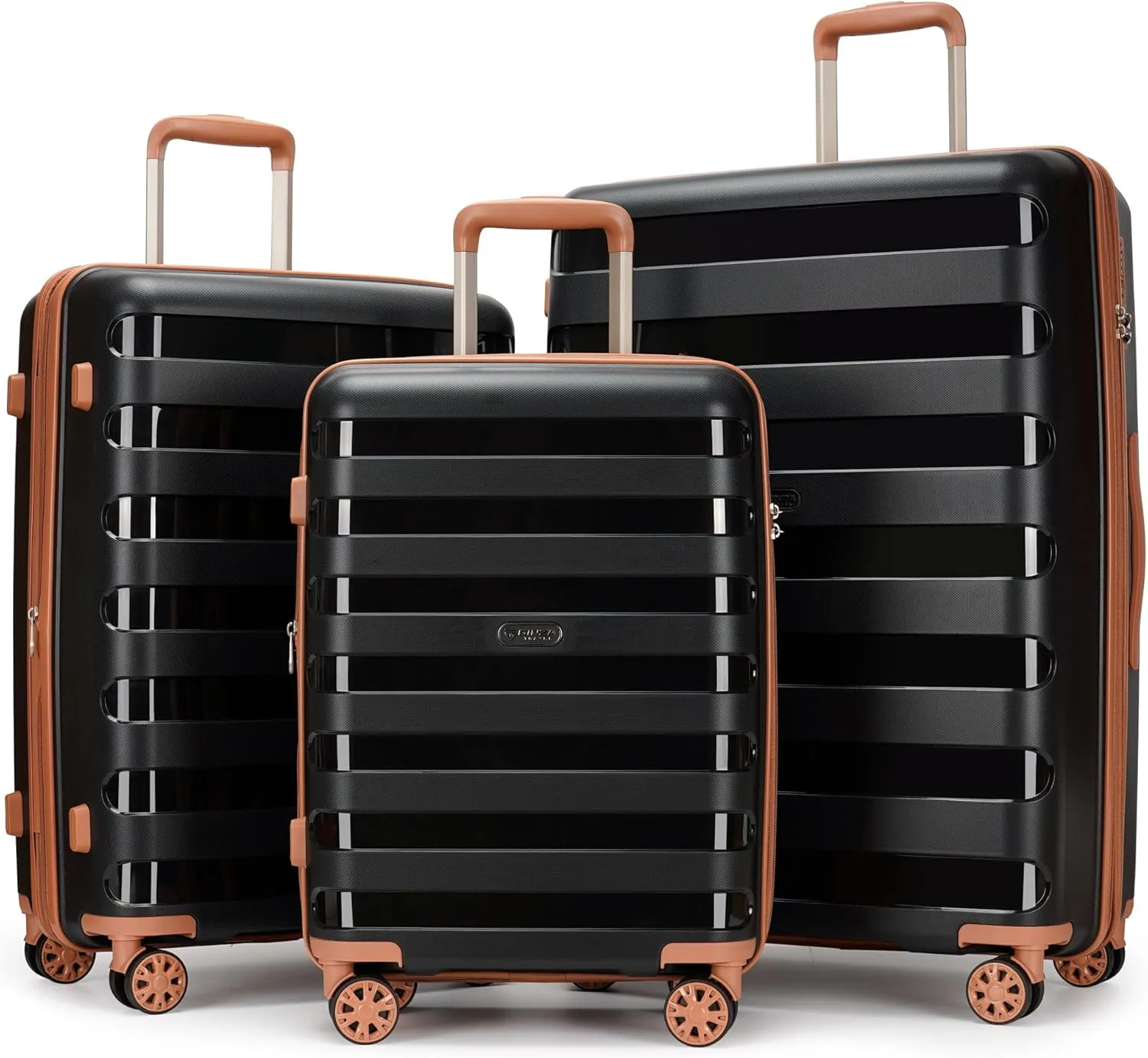 PP material 3-piece expandable luggage sets with Spinner Wheels， Suitcase with TSA Lock，Large Luggage for Family Travel carry on 20/24/28 ，Black & Brown