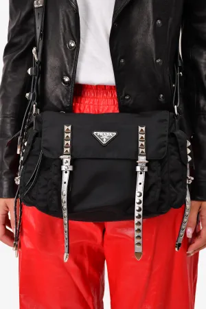 Prada Black/Silver Nylon/Leather Studded Messenger Bag