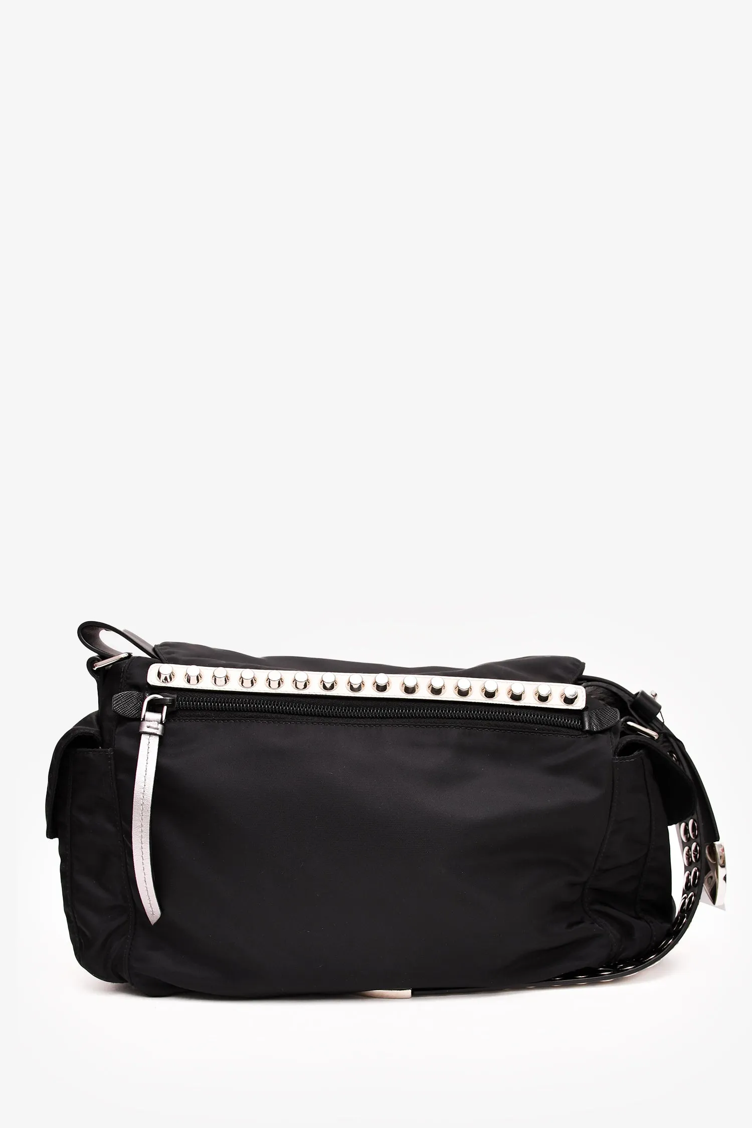Prada Black/Silver Nylon/Leather Studded Messenger Bag