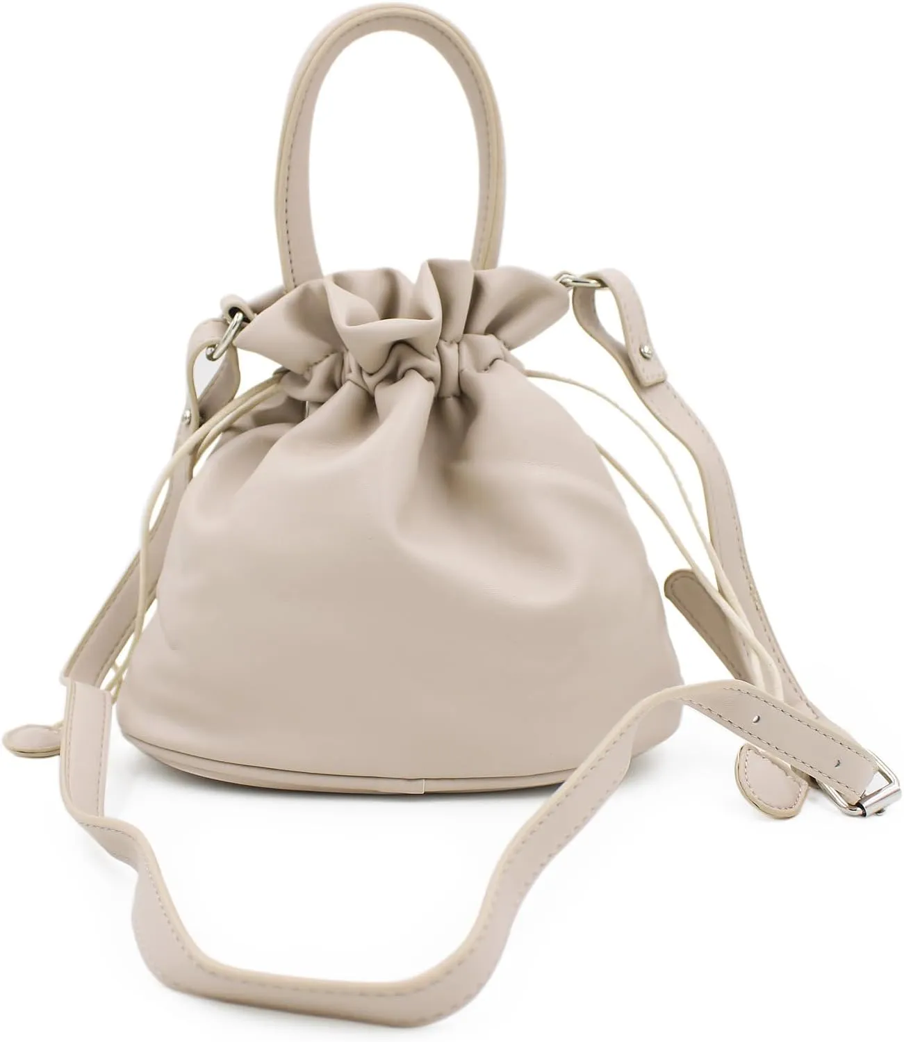 Premium Soft Vegan Leather Top Handle Bucket Bag Handbag Shoulder Crossbody, Nude