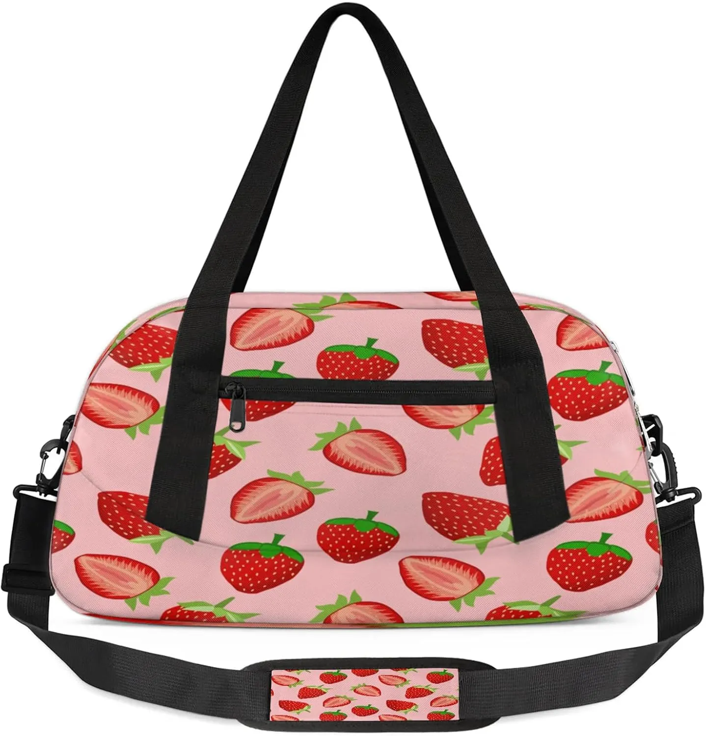 Pretty Strawberry Pattern Kids Duffel Bag Lightweight Waterproof Sports Gym Bag with Front Zipper Pocket Foldable Weekender Overnight Bag for School Practice Gymnastic Ballet