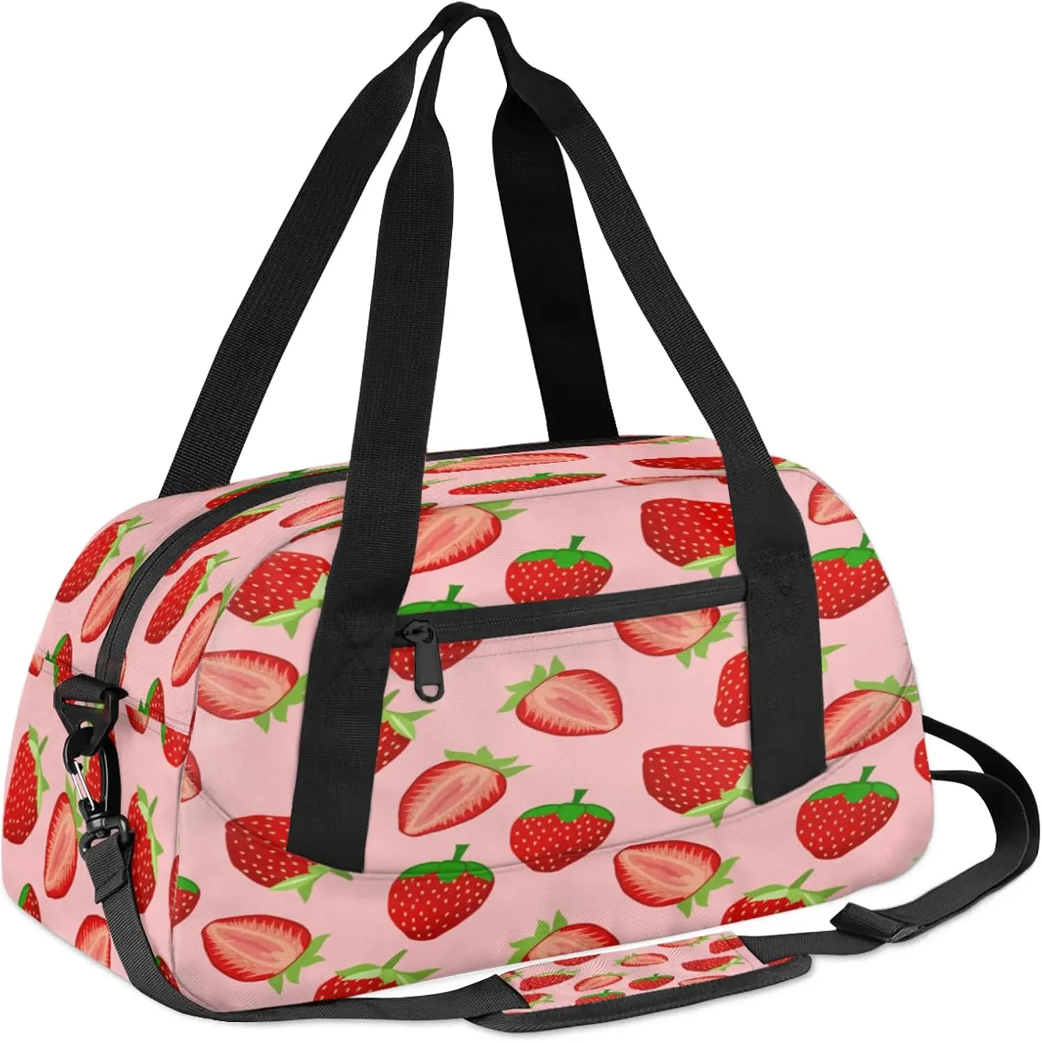 Pretty Strawberry Pattern Kids Duffel Bag Lightweight Waterproof Sports Gym Bag with Front Zipper Pocket Foldable Weekender Overnight Bag for School Practice Gymnastic Ballet