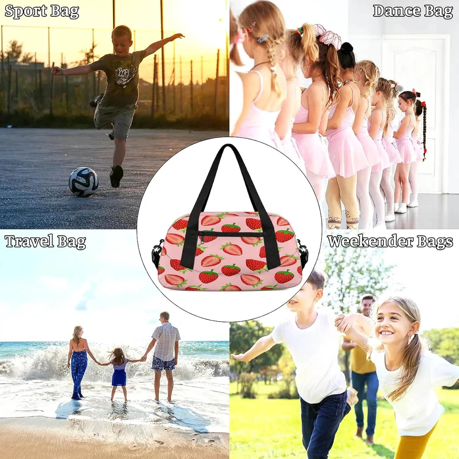 Pretty Strawberry Pattern Kids Duffel Bag Lightweight Waterproof Sports Gym Bag with Front Zipper Pocket Foldable Weekender Overnight Bag for School Practice Gymnastic Ballet