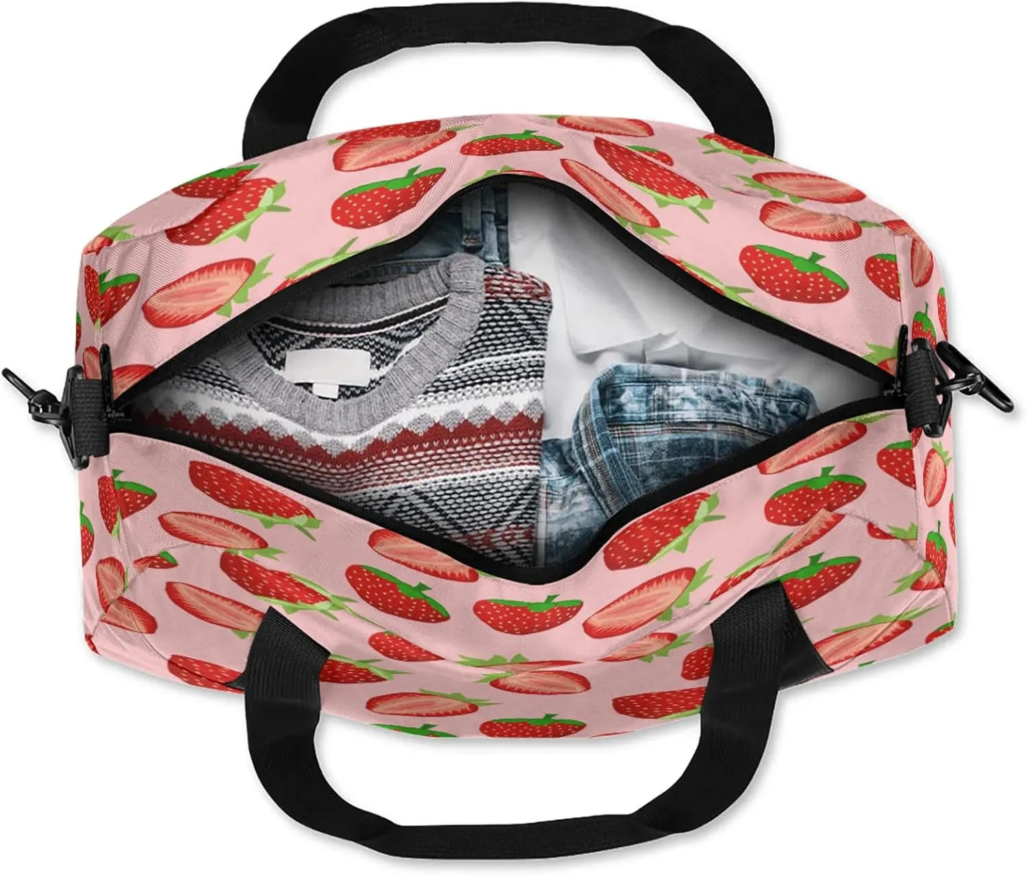 Pretty Strawberry Pattern Kids Duffel Bag Lightweight Waterproof Sports Gym Bag with Front Zipper Pocket Foldable Weekender Overnight Bag for School Practice Gymnastic Ballet