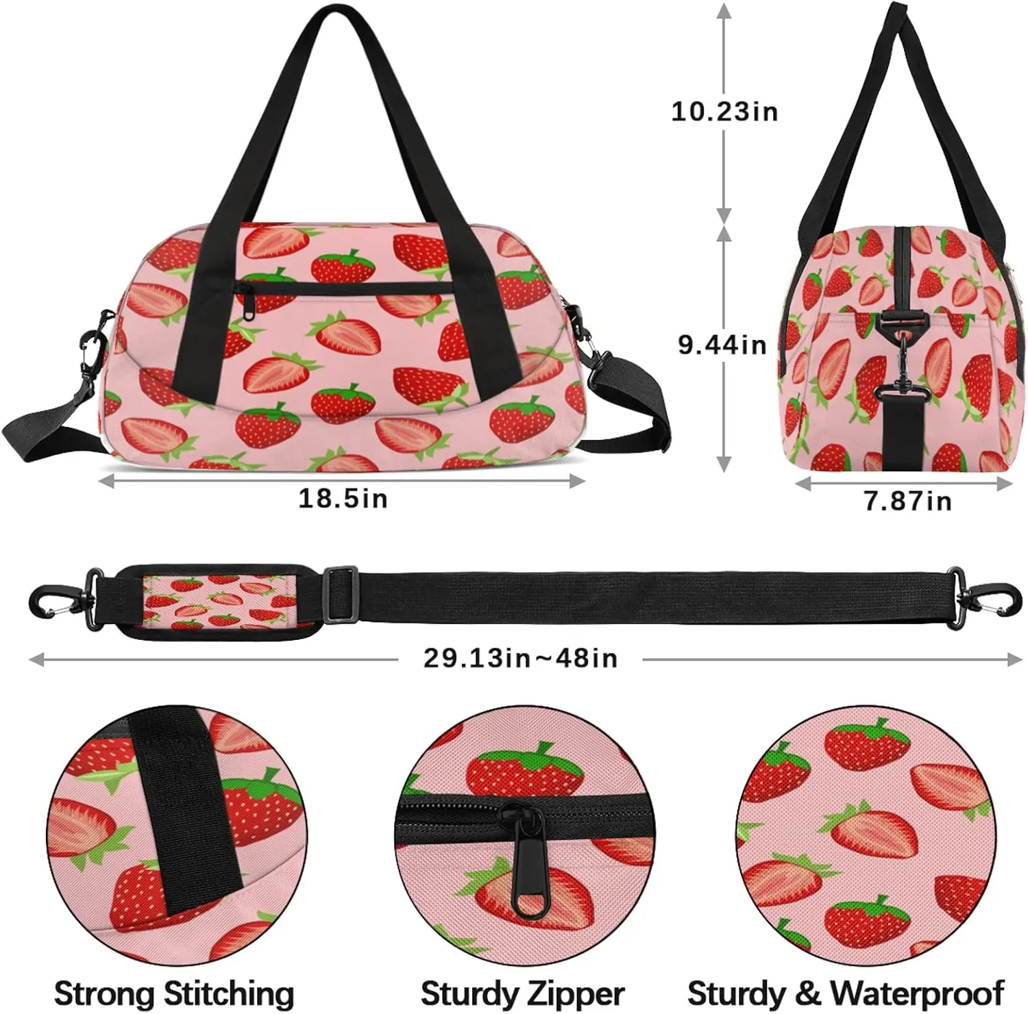 Pretty Strawberry Pattern Kids Duffel Bag Lightweight Waterproof Sports Gym Bag with Front Zipper Pocket Foldable Weekender Overnight Bag for School Practice Gymnastic Ballet