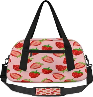 Pretty Strawberry Pattern Kids Duffel Bag Lightweight Waterproof Sports Gym Bag with Front Zipper Pocket Foldable Weekender Overnight Bag for School Practice Gymnastic Ballet