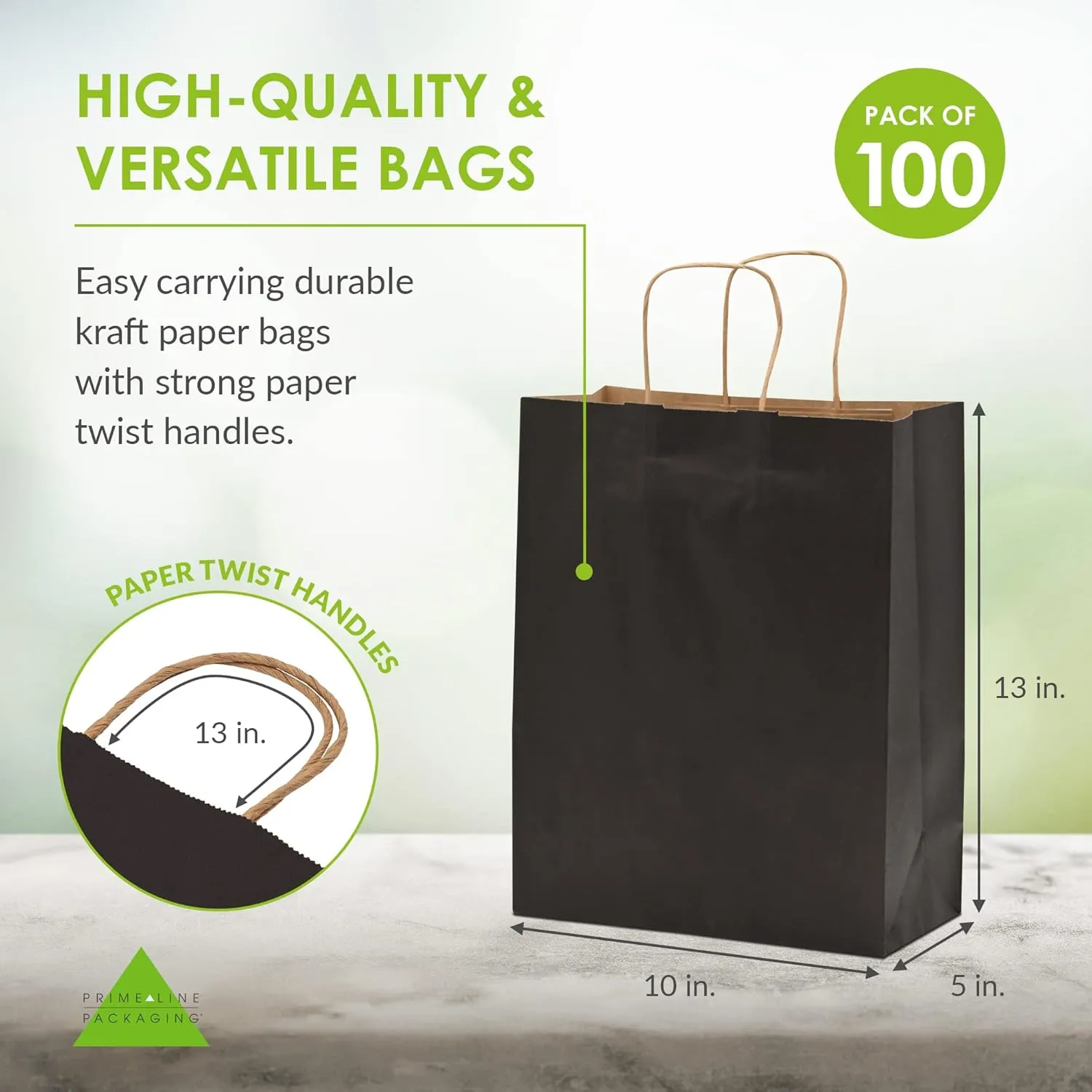 Prime Line Packaging Black Gift Bags with Handles, Medium Kraft Paper Shopping for Small Business, Boutiques, Retail Store Use, Bulk, 10x5x13 50 Pack