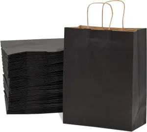 Prime Line Packaging Black Gift Bags with Handles, Medium Kraft Paper Shopping for Small Business, Boutiques, Retail Store Use, Bulk, 10x5x13 50 Pack
