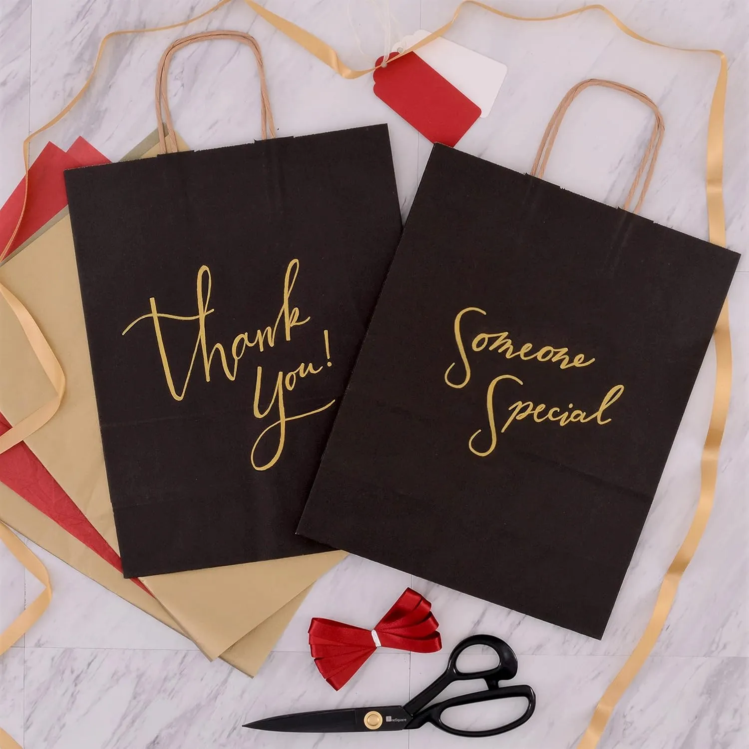 Prime Line Packaging Black Gift Bags with Handles, Medium Kraft Paper Shopping for Small Business, Boutiques, Retail Store Use, Bulk, 10x5x13 50 Pack