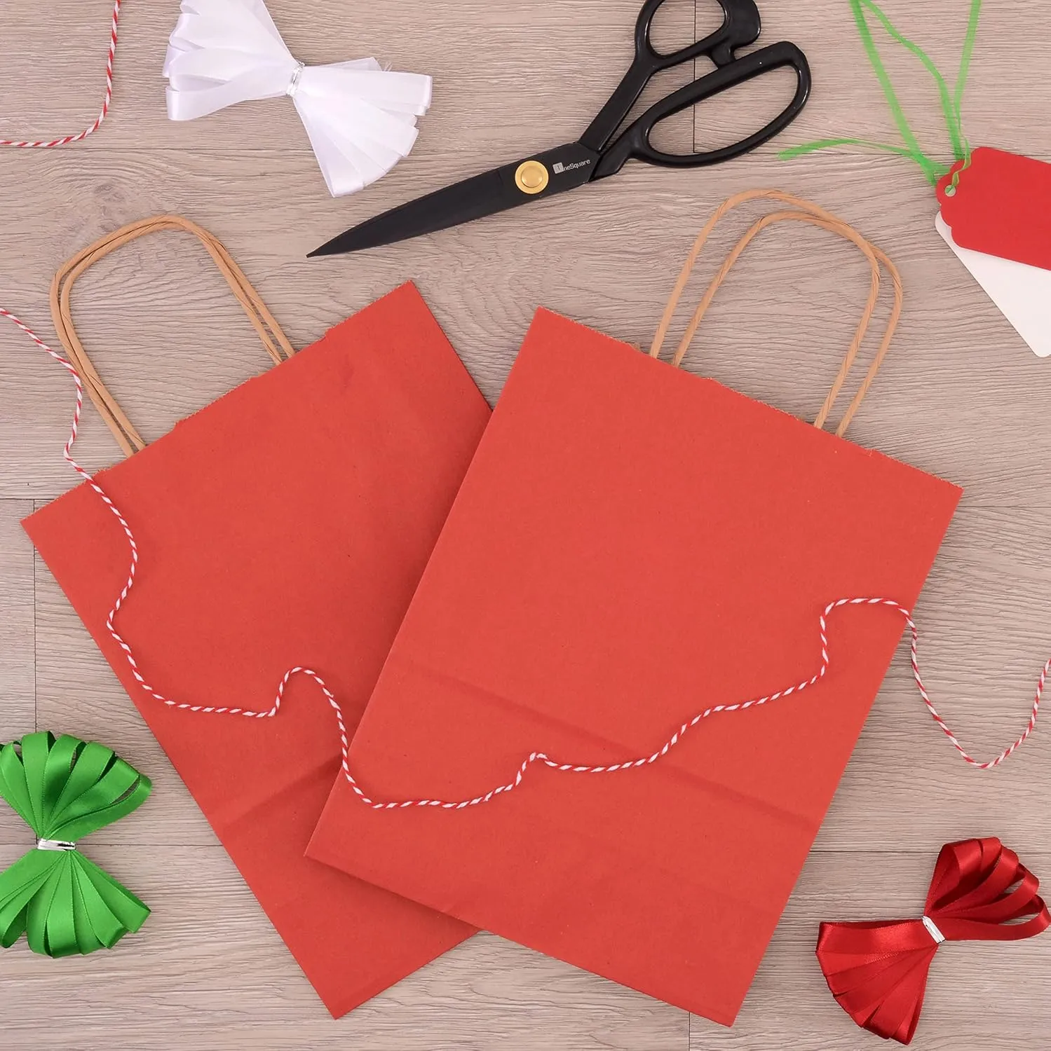 Prime Line Packaging Small Red Gift Bags with Handles, Kraft Shopping Tote for Holidays, Christmas, Goodies, Favors, Valentines, Bulk, 8x4x10 50 Pack