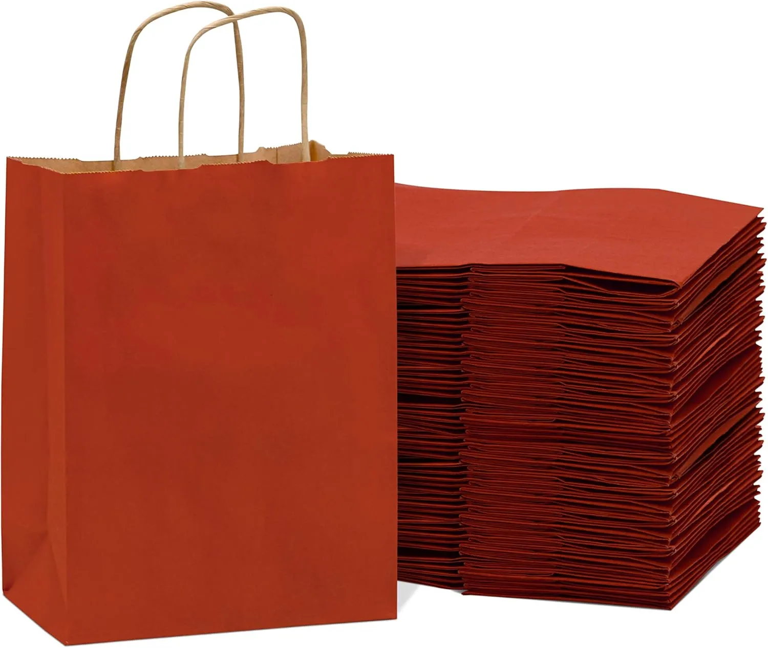 Prime Line Packaging Small Red Gift Bags with Handles, Kraft Shopping Tote for Holidays, Christmas, Goodies, Favors, Valentines, Bulk, 8x4x10 50 Pack