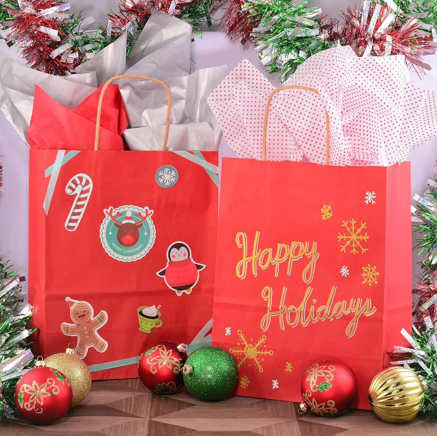 Prime Line Packaging Small Red Gift Bags with Handles, Kraft Shopping Tote for Holidays, Christmas, Goodies, Favors, Valentines, Bulk, 8x4x10 50 Pack