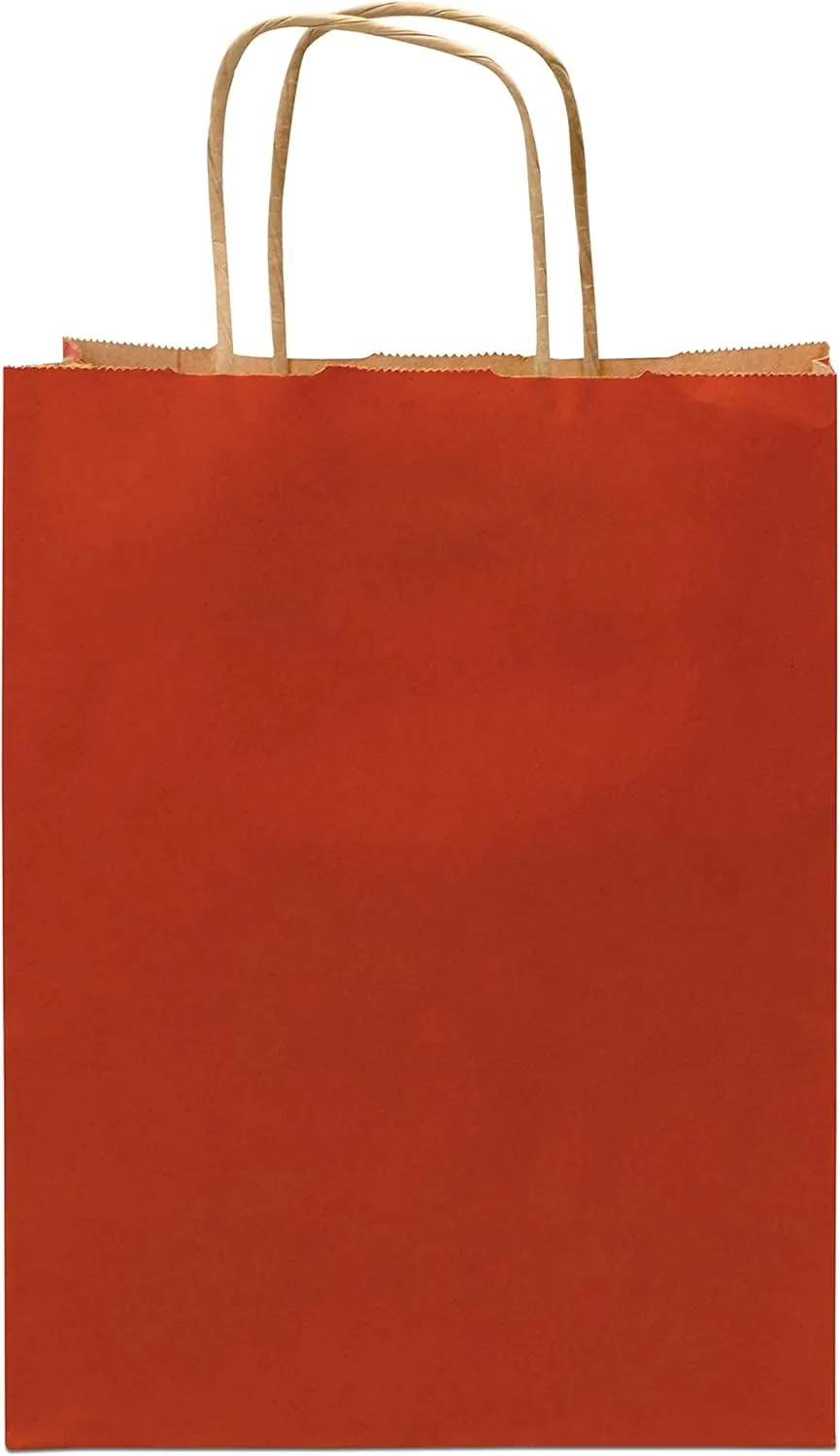 Prime Line Packaging Small Red Gift Bags with Handles, Kraft Shopping Tote for Holidays, Christmas, Goodies, Favors, Valentines, Bulk, 8x4x10 50 Pack