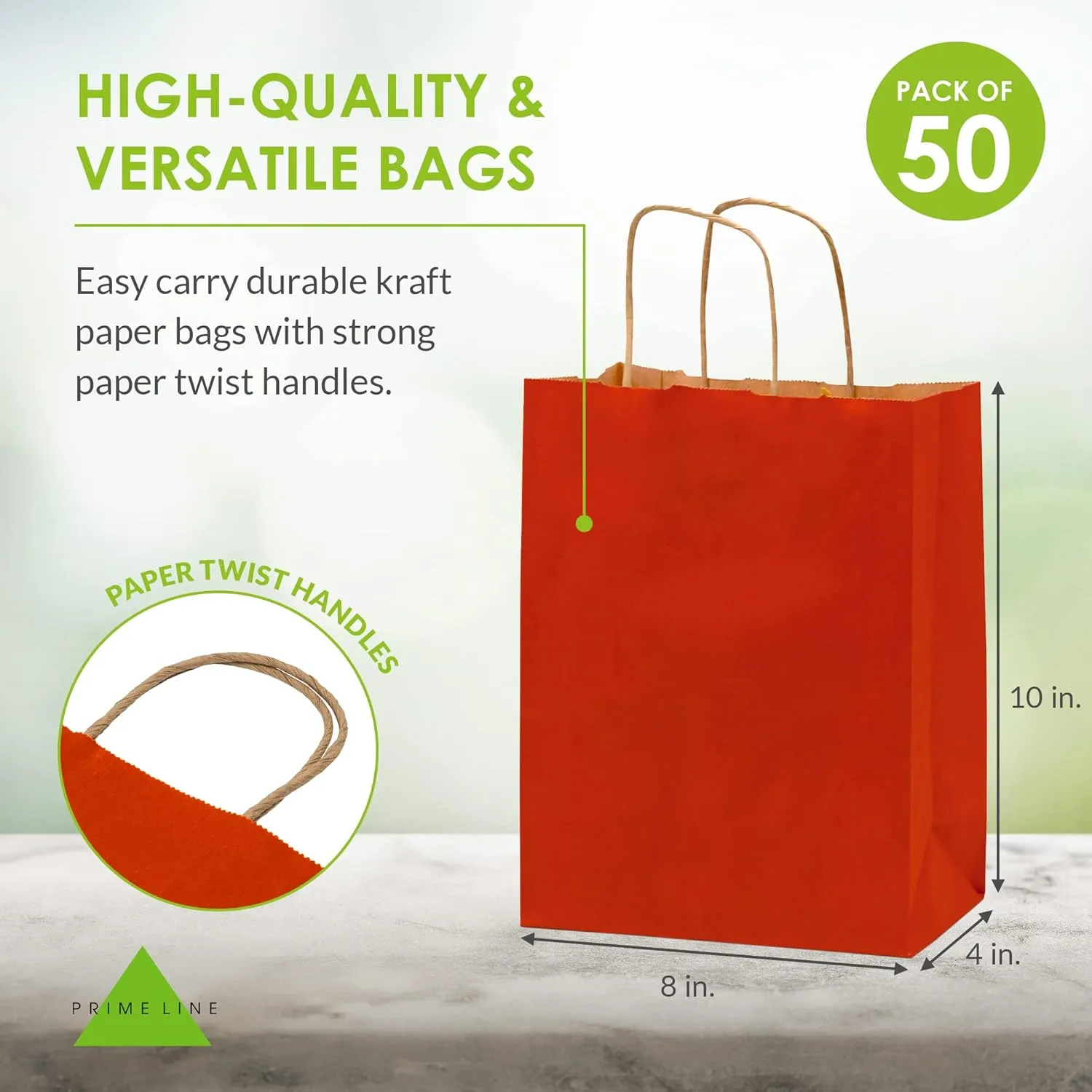 Prime Line Packaging Small Red Gift Bags with Handles, Kraft Shopping Tote for Holidays, Christmas, Goodies, Favors, Valentines, Bulk, 8x4x10 50 Pack