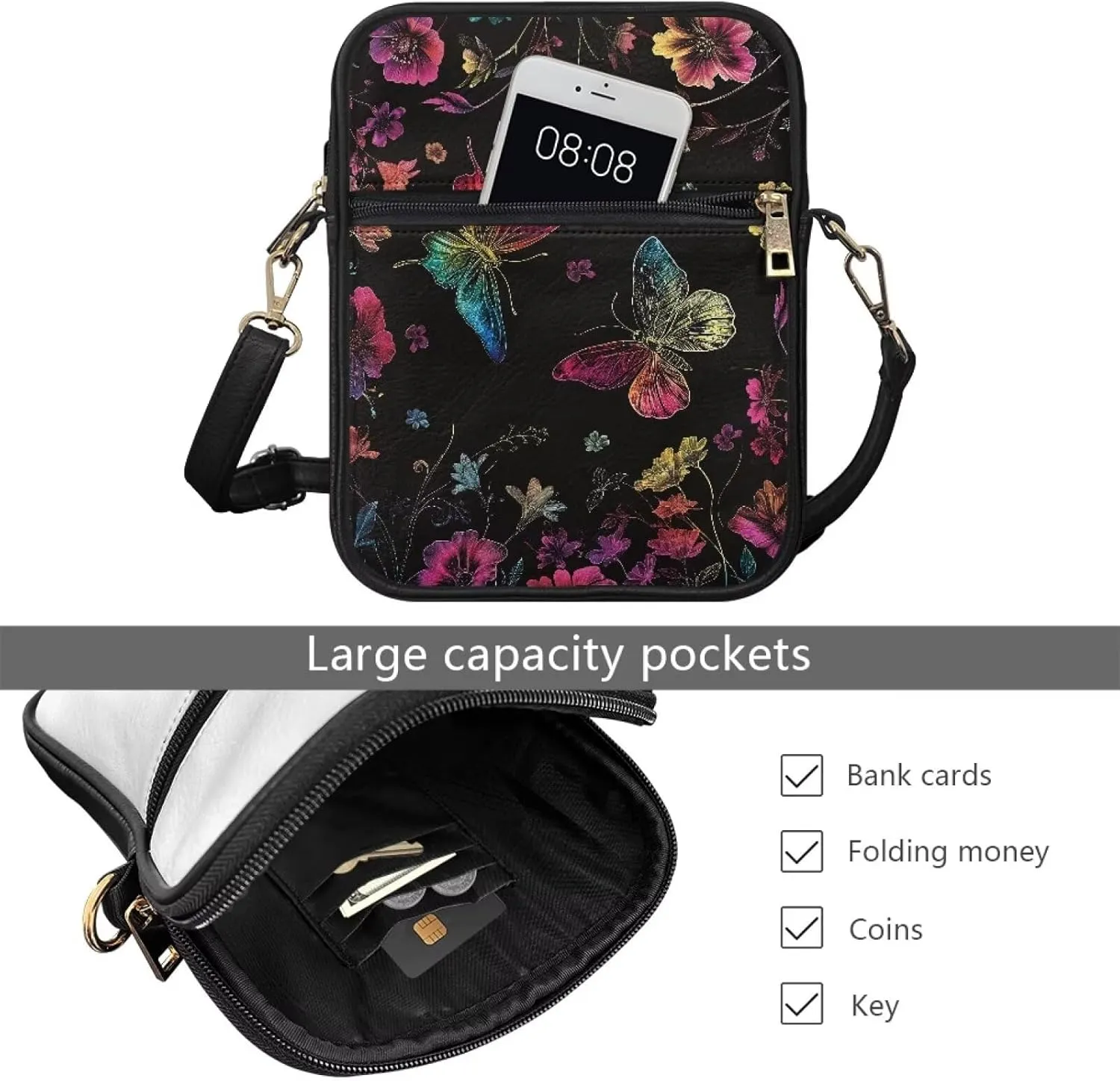PU Crossbody Bag for Women Men Multipurpose Wallet Purse Small Messenger Bag with Zipper for Working Shopping