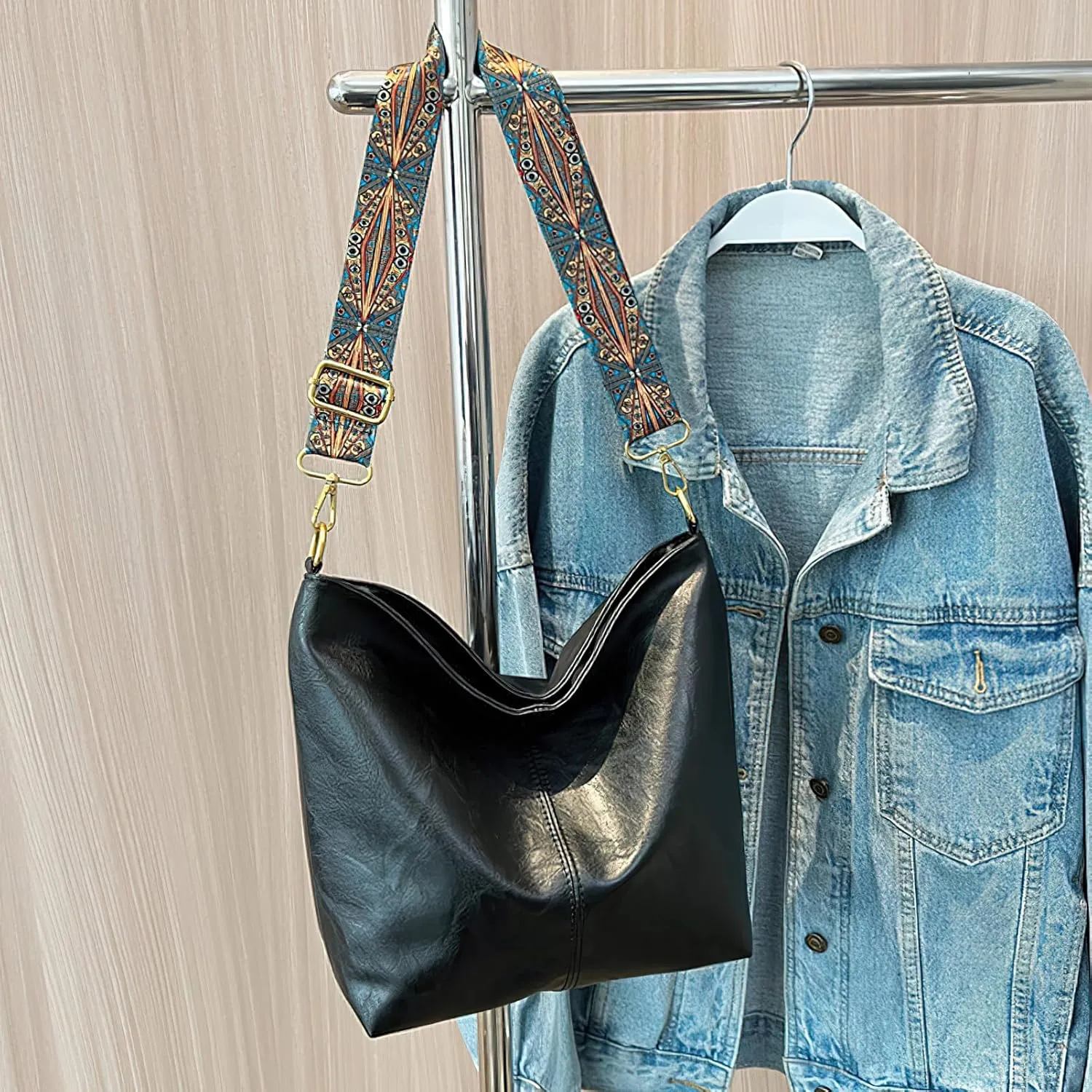 PU Leather Shoulder Bags for Women with Adjustable Guitar Strap Vintage Tote Bag Hobo Purse Vegan Handbag