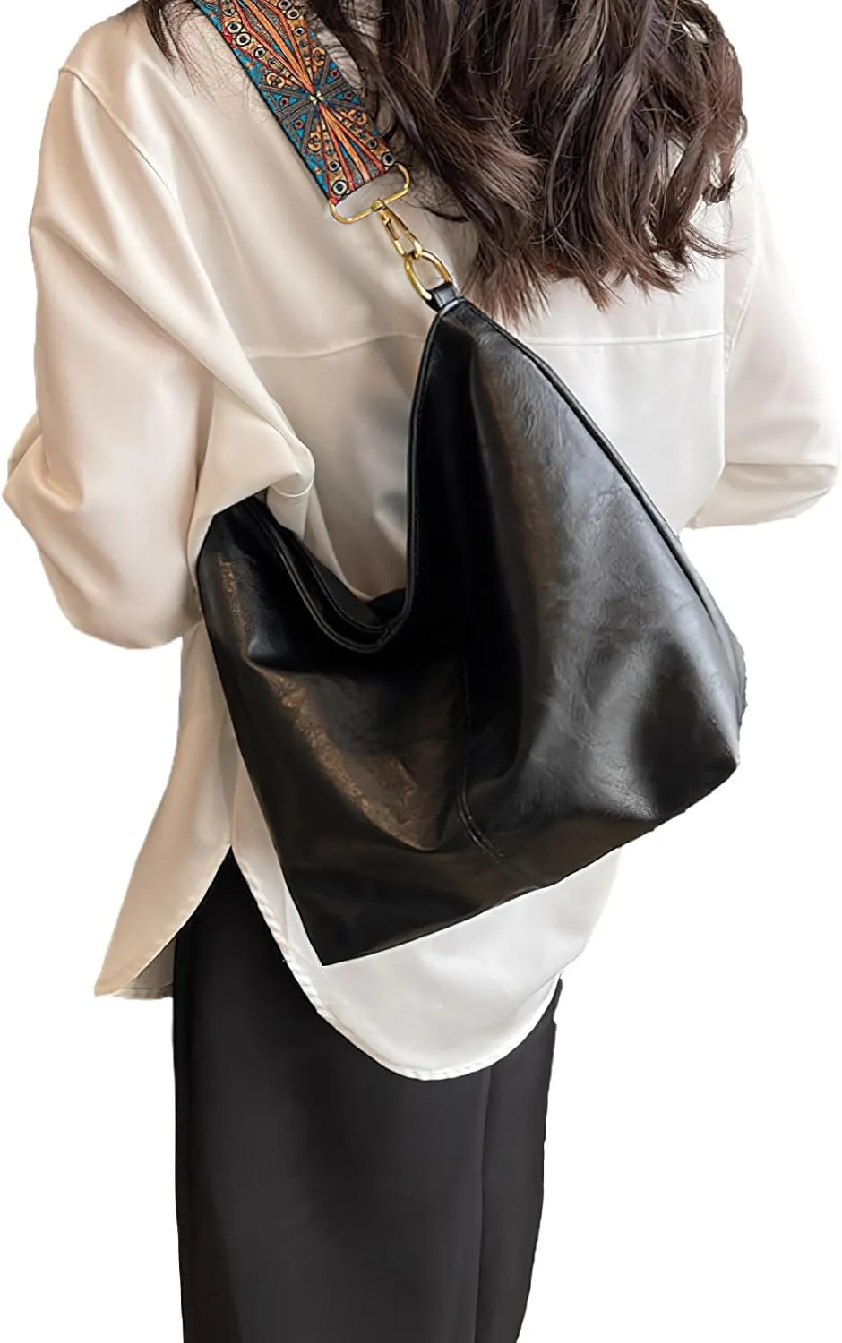PU Leather Shoulder Bags for Women with Adjustable Guitar Strap Vintage Tote Bag Hobo Purse Vegan Handbag