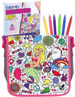 PURPLE LADYBUG Creative DIY Mermaid Messenger Bag for Girls with 6 Vibrant Permanent Markers, Color Your Own Mermaid Craft Kit - Oeko-TEX Certified, Art Activity Gift for Kids Ages 6 7 8 9 10 11 12
