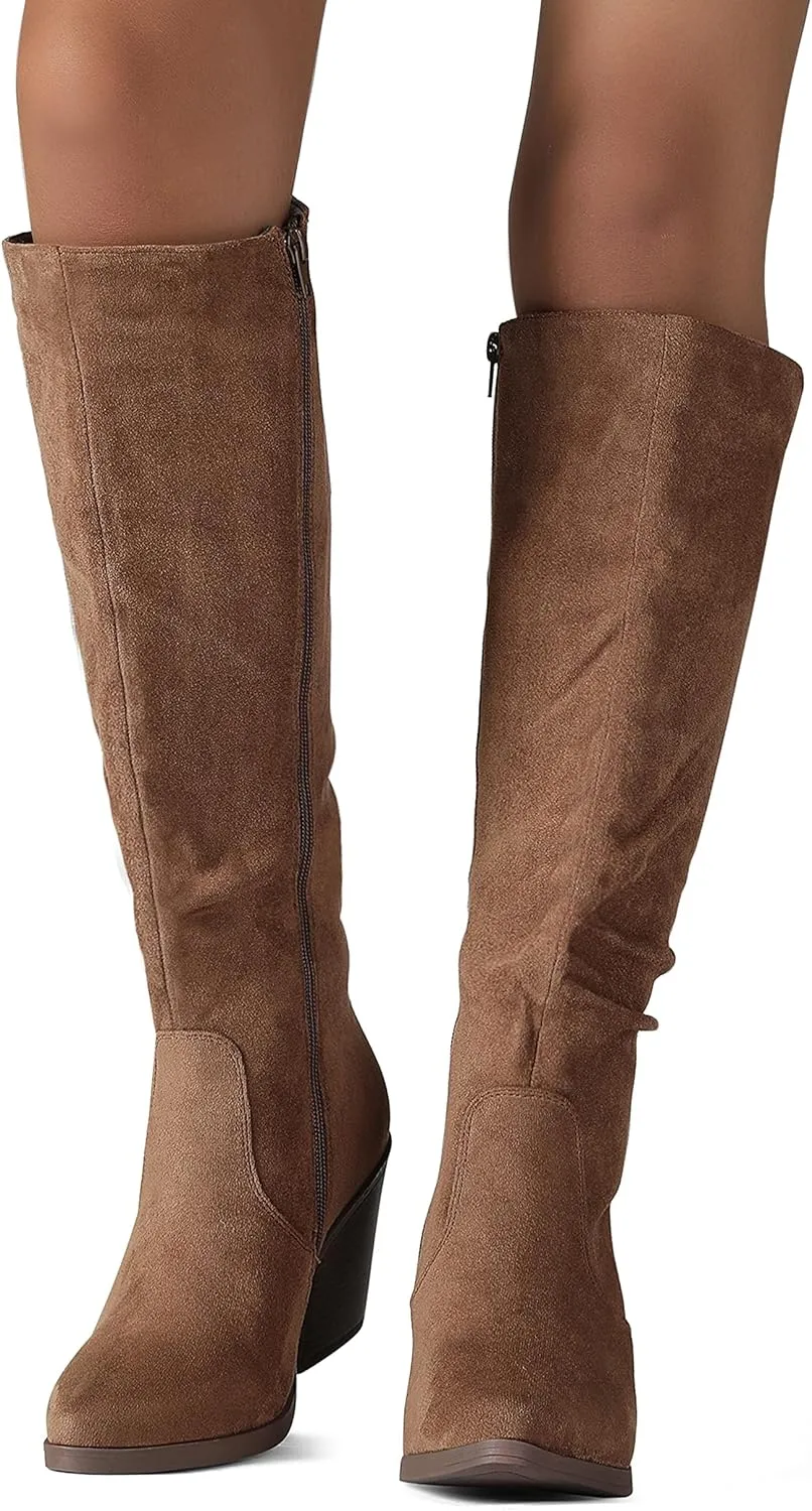 Putu Women's Pointed Toe Knee High Boots Faux Suede Stacked Chunky Heel Boots Side Zipper Slouchy High Boots
