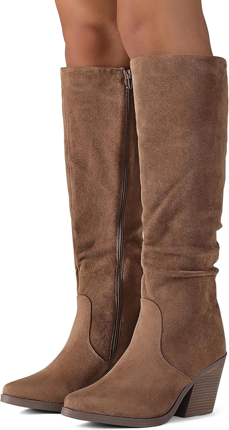 Putu Women's Pointed Toe Knee High Boots Faux Suede Stacked Chunky Heel Boots Side Zipper Slouchy High Boots