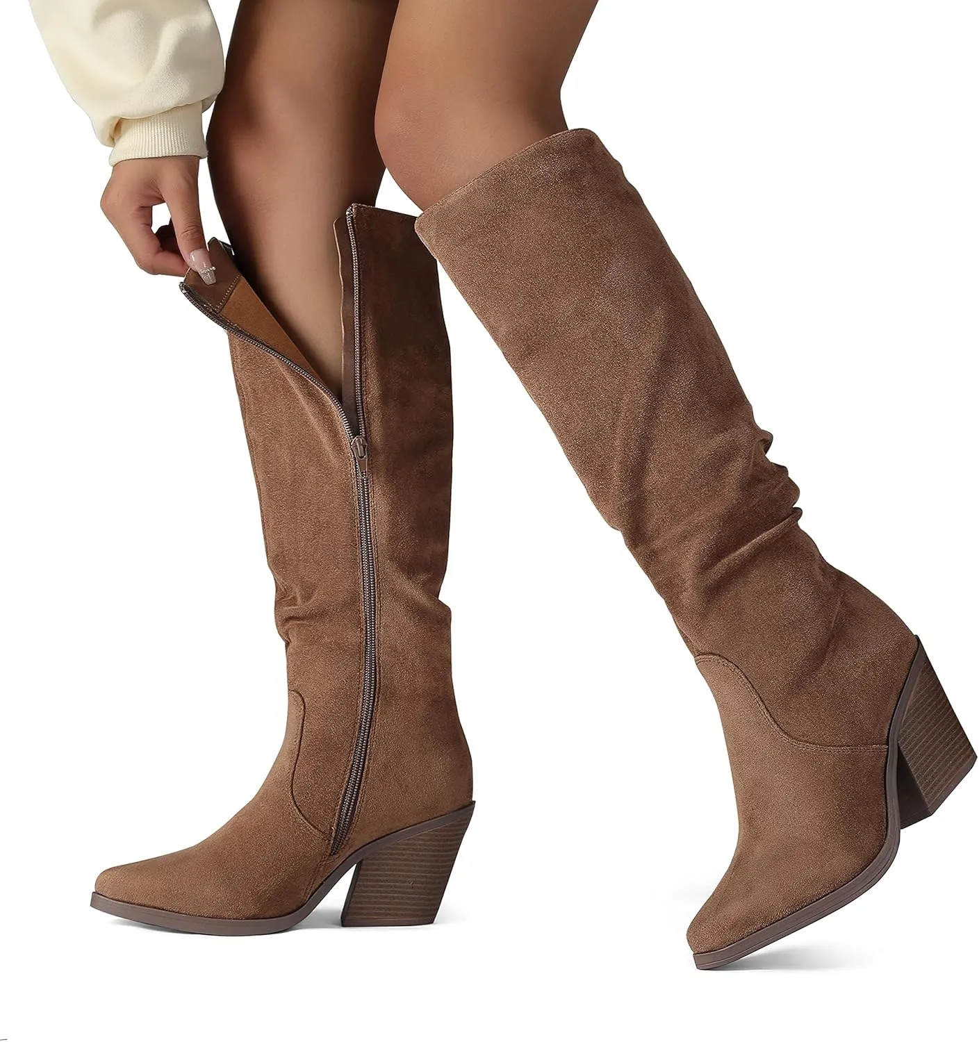 Putu Women's Pointed Toe Knee High Boots Faux Suede Stacked Chunky Heel Boots Side Zipper Slouchy High Boots
