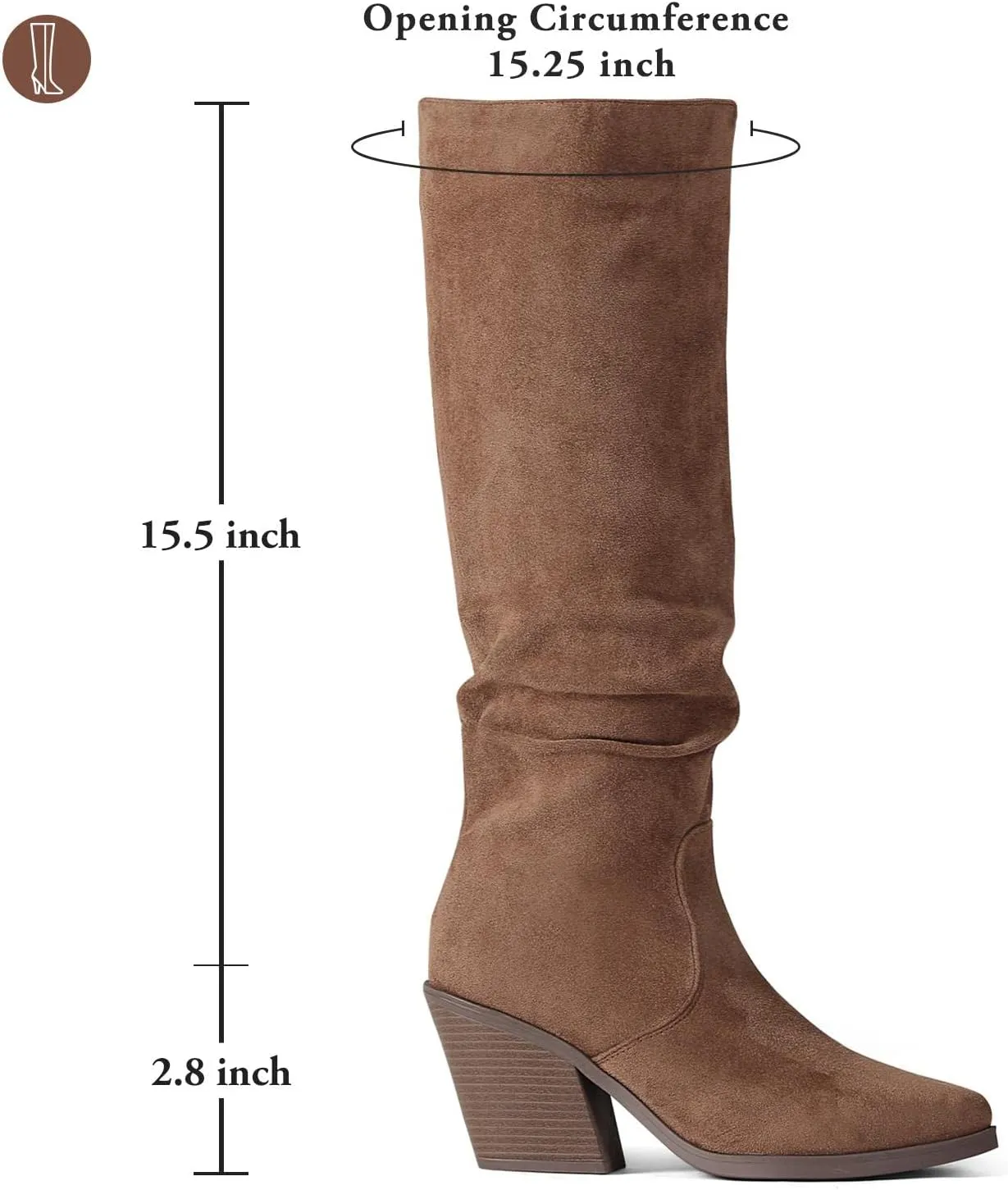 Putu Women's Pointed Toe Knee High Boots Faux Suede Stacked Chunky Heel Boots Side Zipper Slouchy High Boots