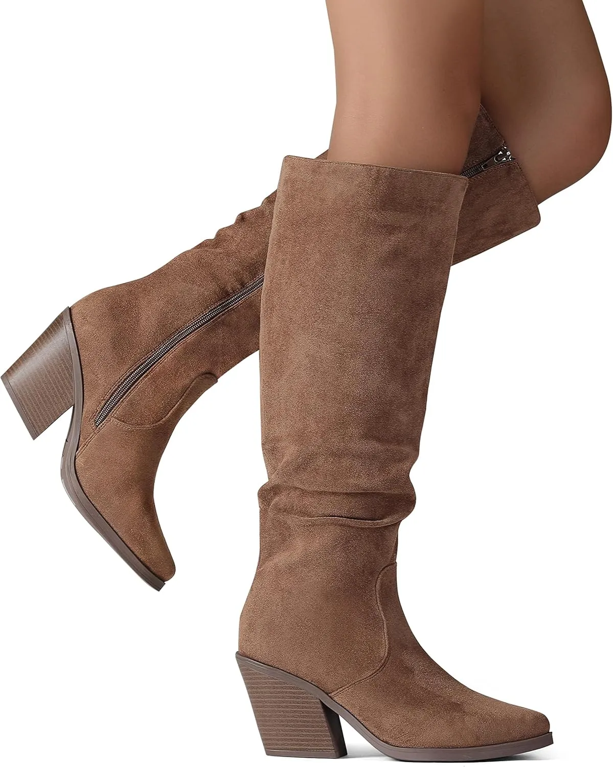 Putu Women's Pointed Toe Knee High Boots Faux Suede Stacked Chunky Heel Boots Side Zipper Slouchy High Boots