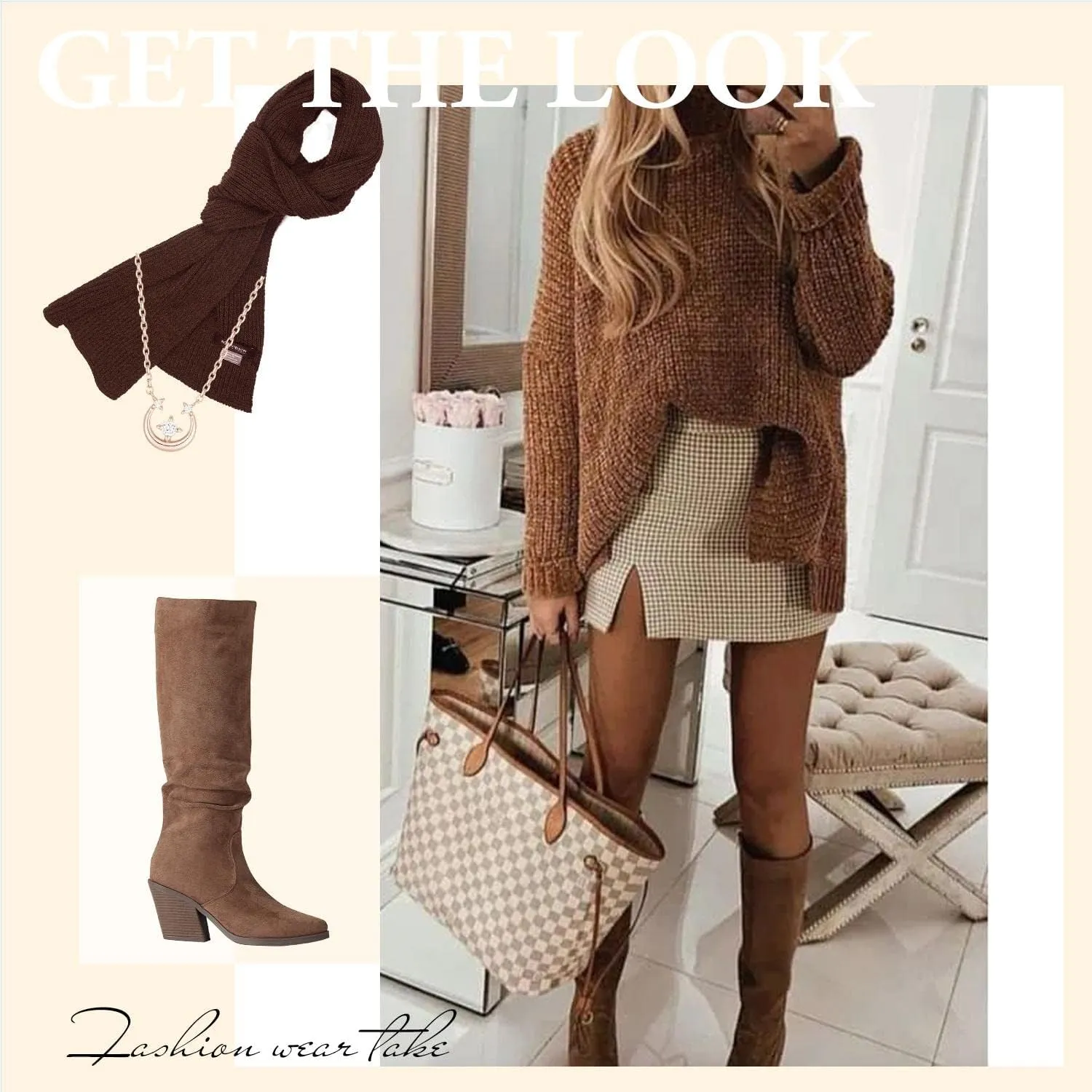 Putu Women's Pointed Toe Knee High Boots Faux Suede Stacked Chunky Heel Boots Side Zipper Slouchy High Boots